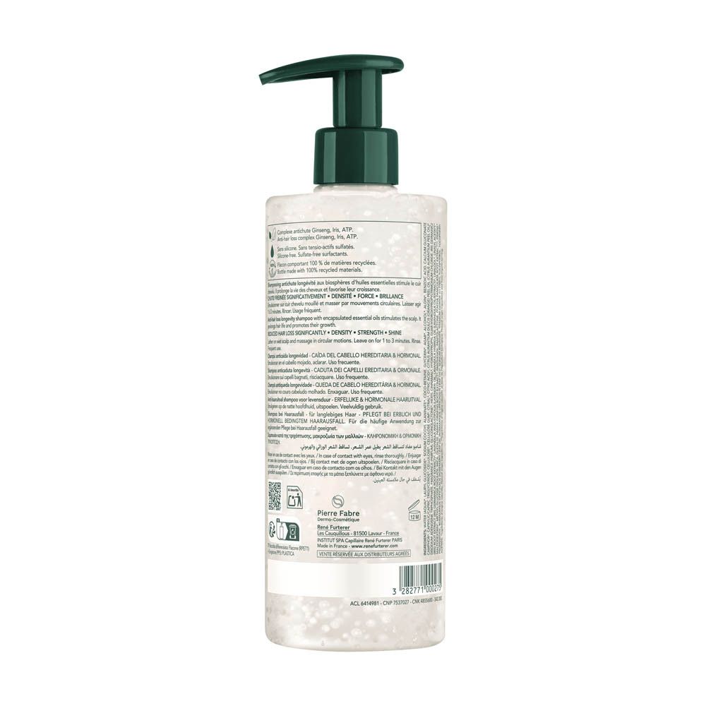 Dos du flacon de shampooing. Texte: ingrédients, informations fabricant, code-barres.