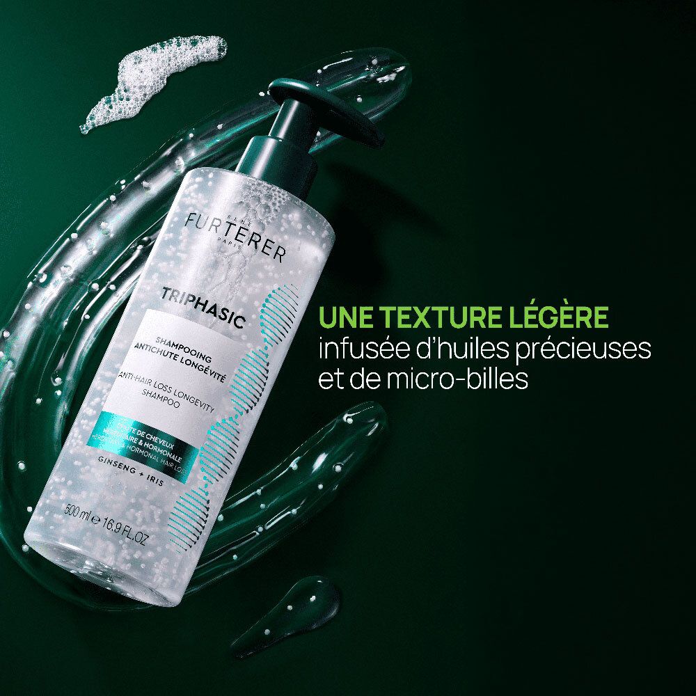 Flacon de shampooing avec texte: Triphasic Shampooing, Anti-chute, Longévité. Graphique.