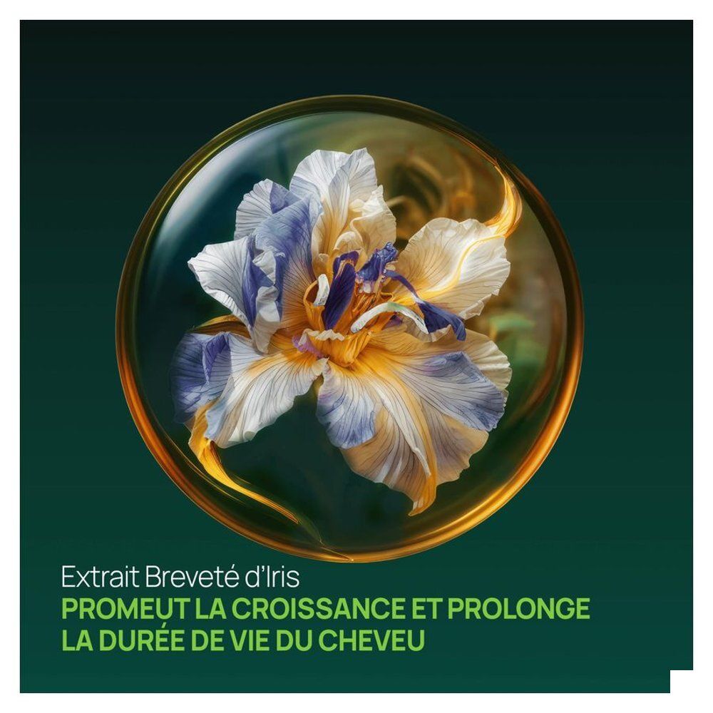 Gros plan d'une fleur. Texte: Extrait Breveté d'Iris. Promotes hair growth.
