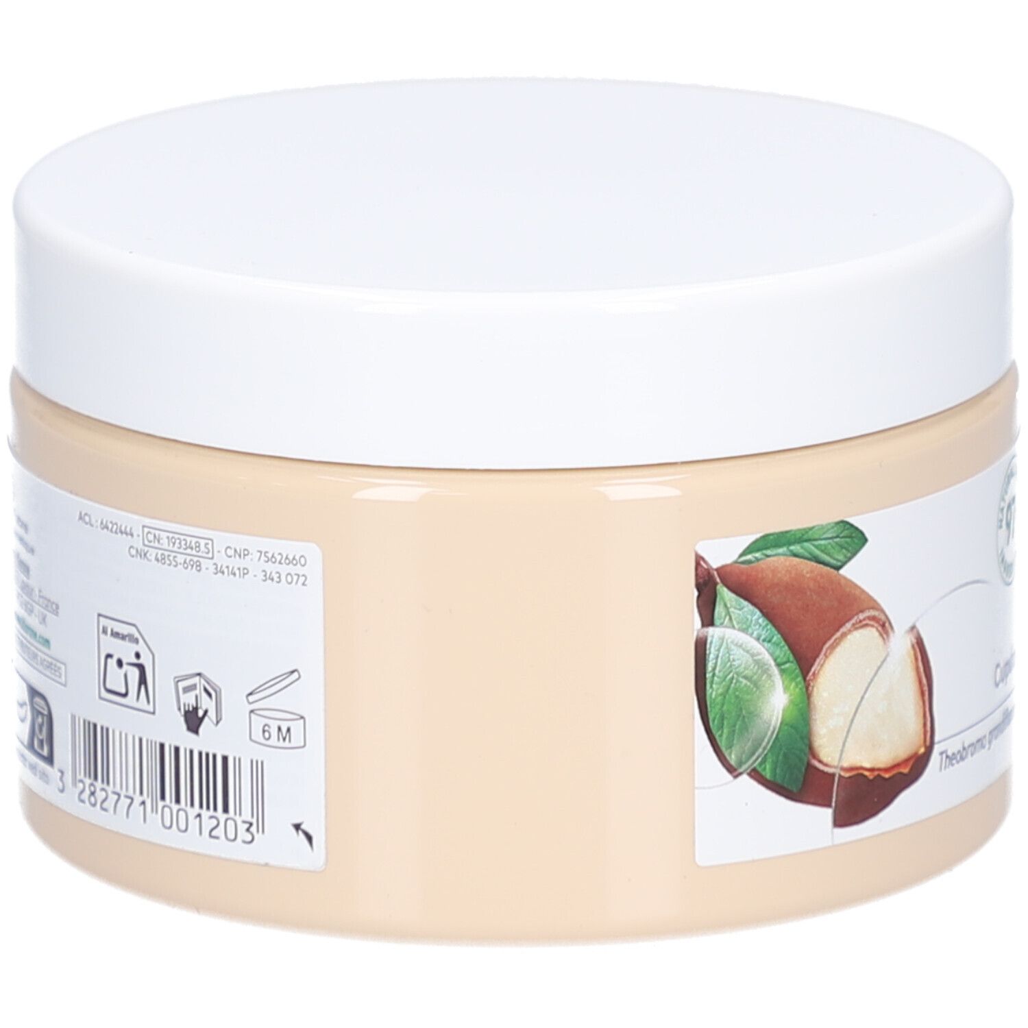 Beige Tiegel mit weißem Deckel. Aufkleber mit Barcode, Piktogrammen und Text. 6M-Symbol.