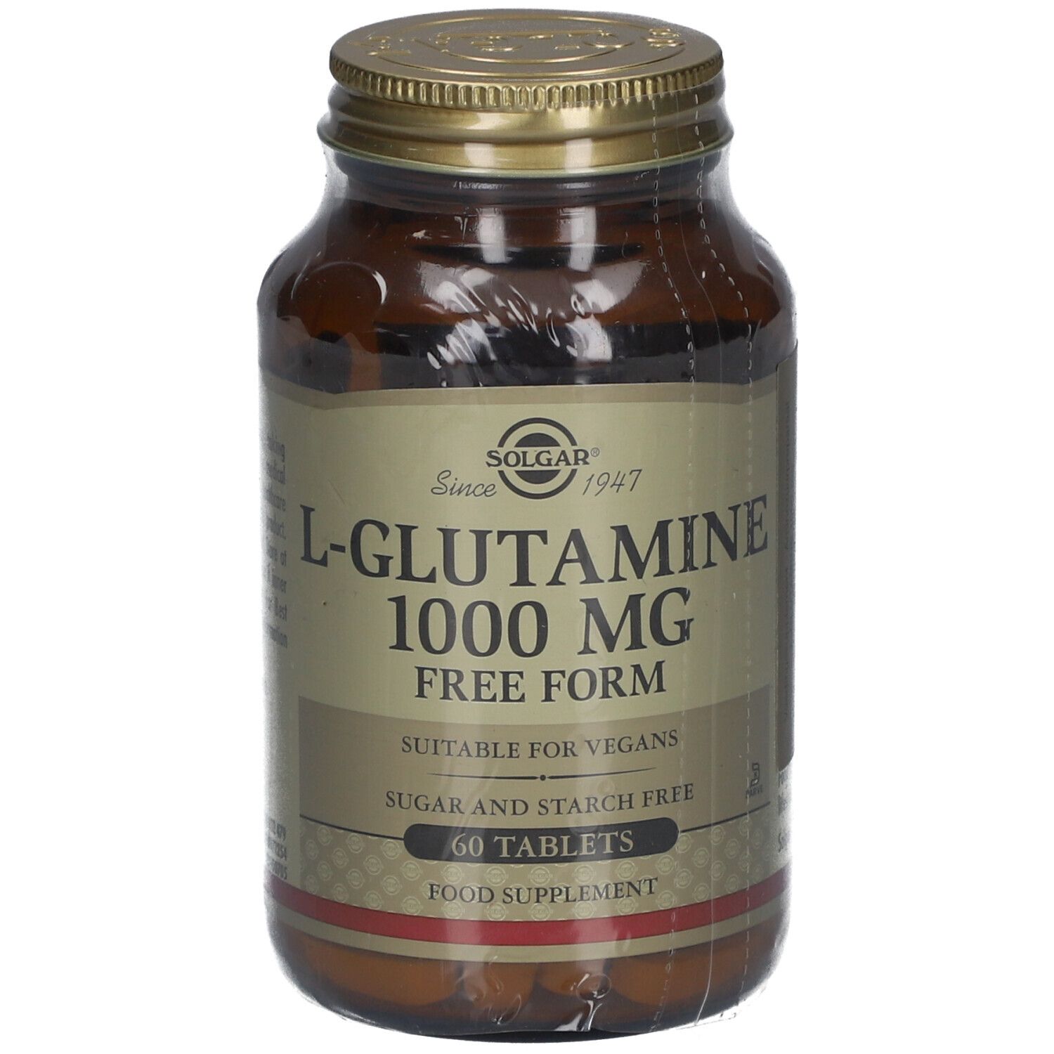 Flacon en verre brun avec bouchon doré. Étiquette avec inscription L-Glutamine 1000 mg, convient aux végétaliens. 60 comprimés.