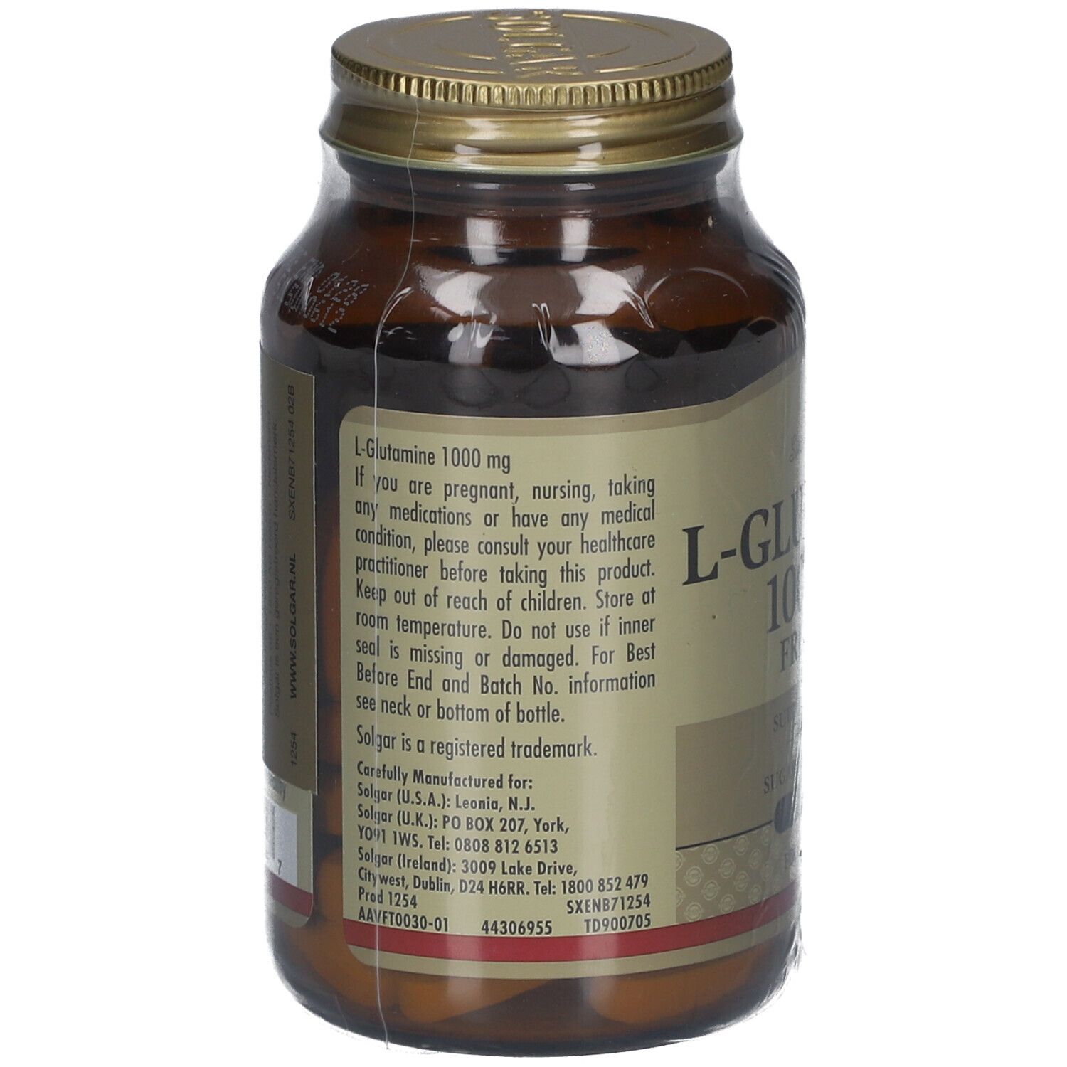 Dos du flacon en verre brun. Étiquette avec informations sur L-Glutamine 1000 mg. Informations fabricant et avertissements.