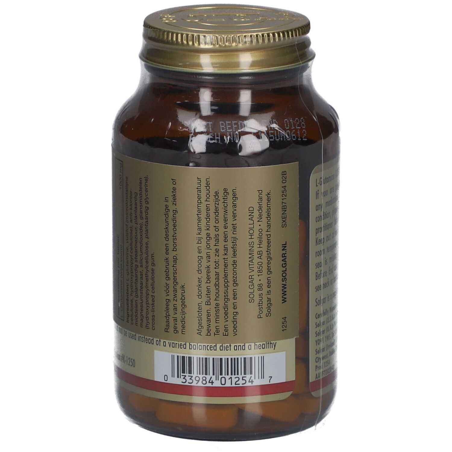 Dos du flacon en verre brun. Étiquette avec informations sur L-Glutamine 1000 mg. Informations fabricant et avertissements.