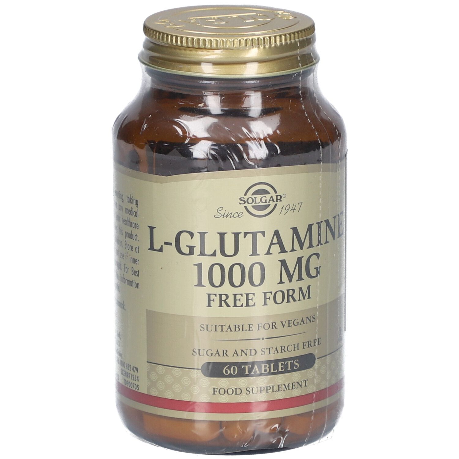 Flacon en verre brun avec bouchon doré. Étiquette avec inscription L-Glutamine 1000 mg, convient aux végétaliens. 60 comprimés.