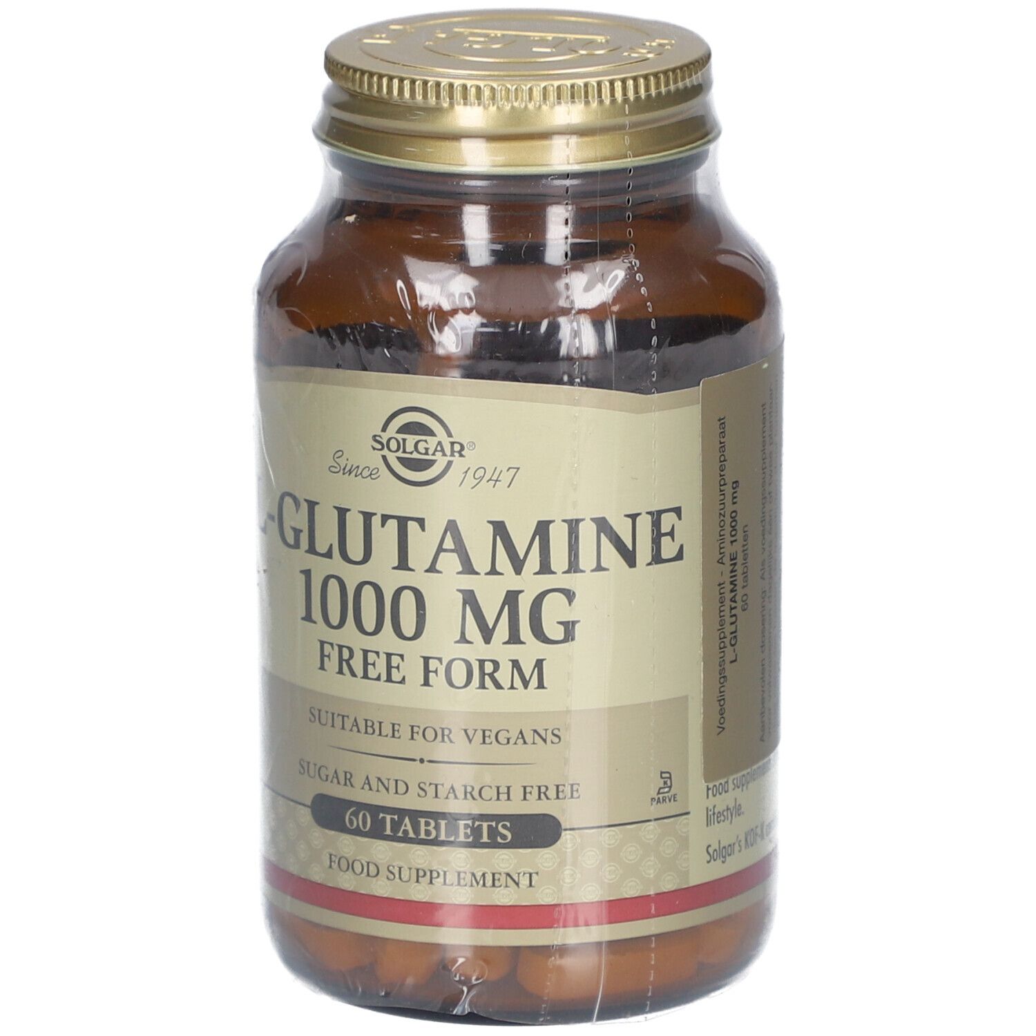 Flacon en verre brun avec bouchon doré. Étiquette avec inscription L-Glutamine 1000 mg, convient aux végétaliens. 60 comprimés.