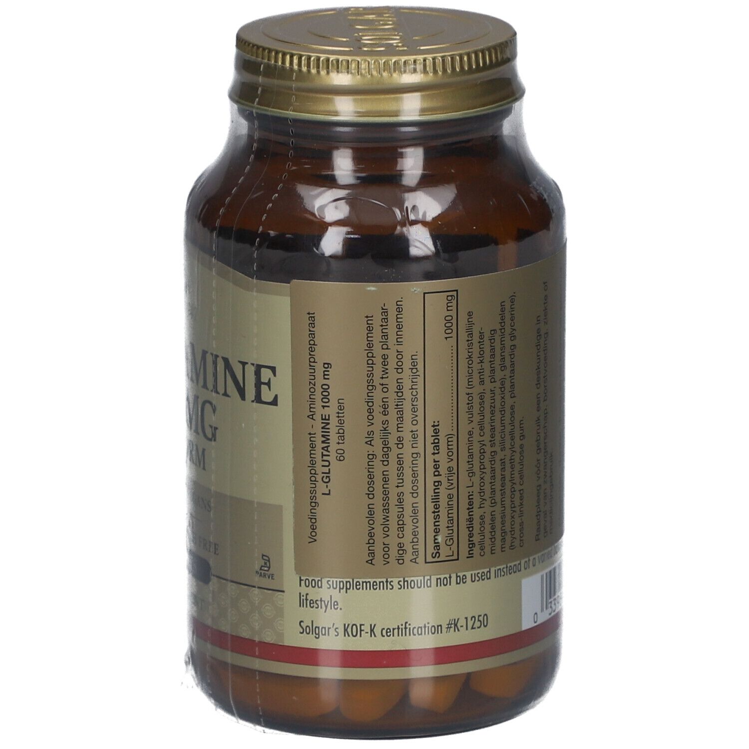 Dos du flacon en verre brun. Étiquette avec informations sur L-Glutamine 1000 mg. Informations fabricant et avertissements.