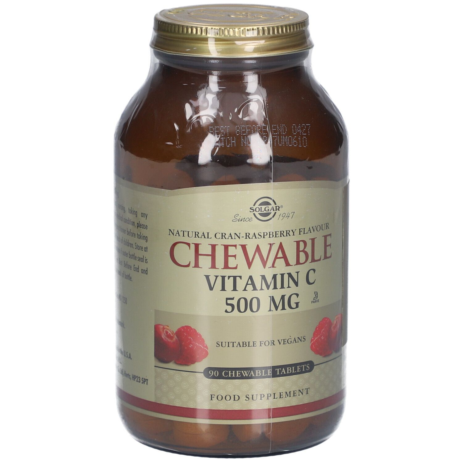 Braune Glasflasche mit goldfarbenem Deckel. Etikett mit Produktinformationen: Chewable Vitamin C 500 mg, 90 Tabletten.