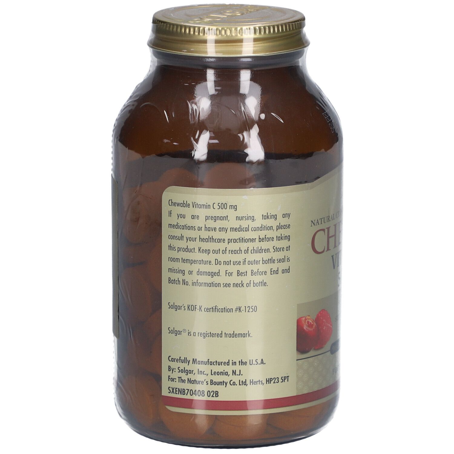 Rückseite der braunen Glasflasche. Etikett mit Produktinformationen und Warnhinweisen. Solgar® KOF-K Zertifizierung.