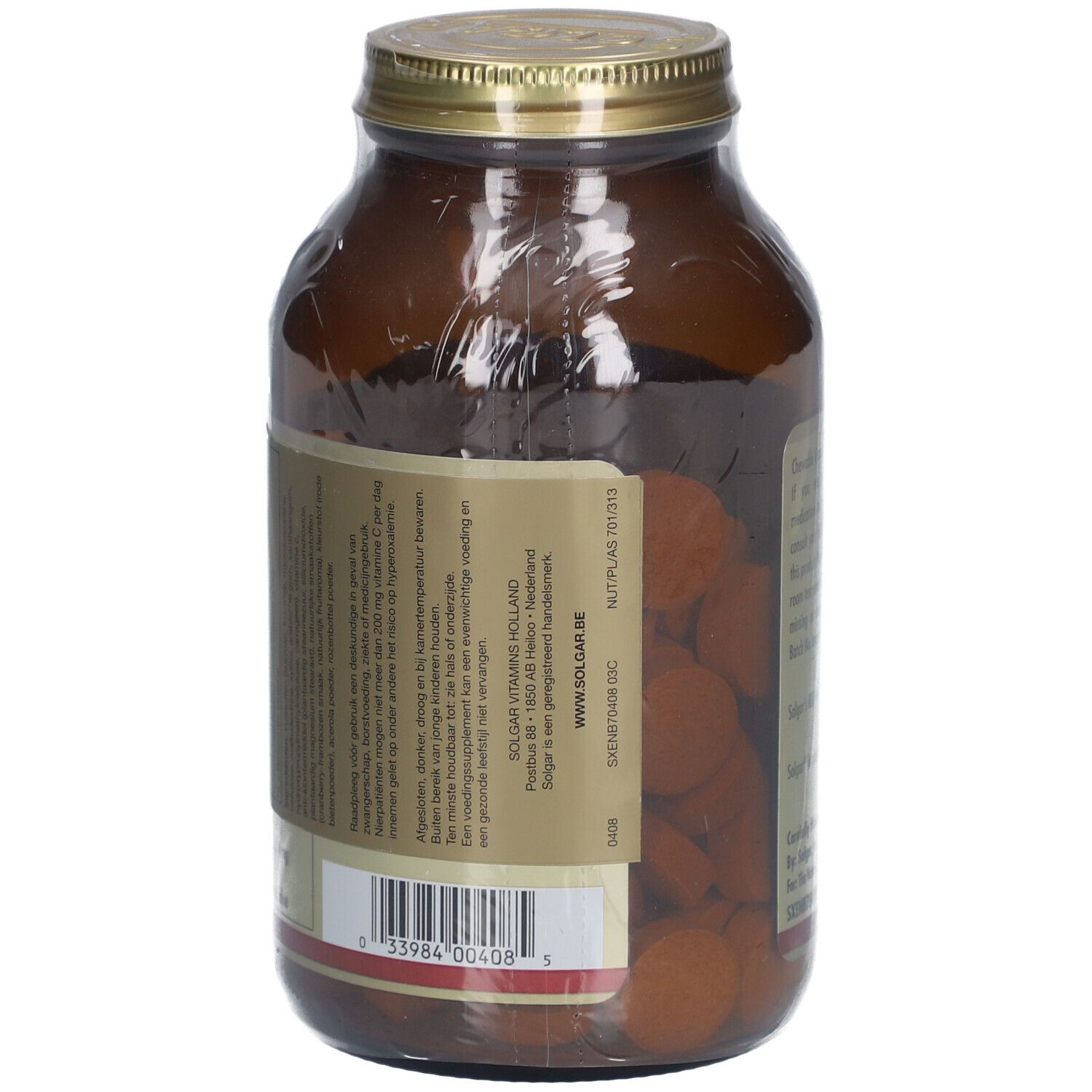 Rückseite der braunen Glasflasche. Etikett mit Produktinformationen und Warnhinweisen. Barcode.