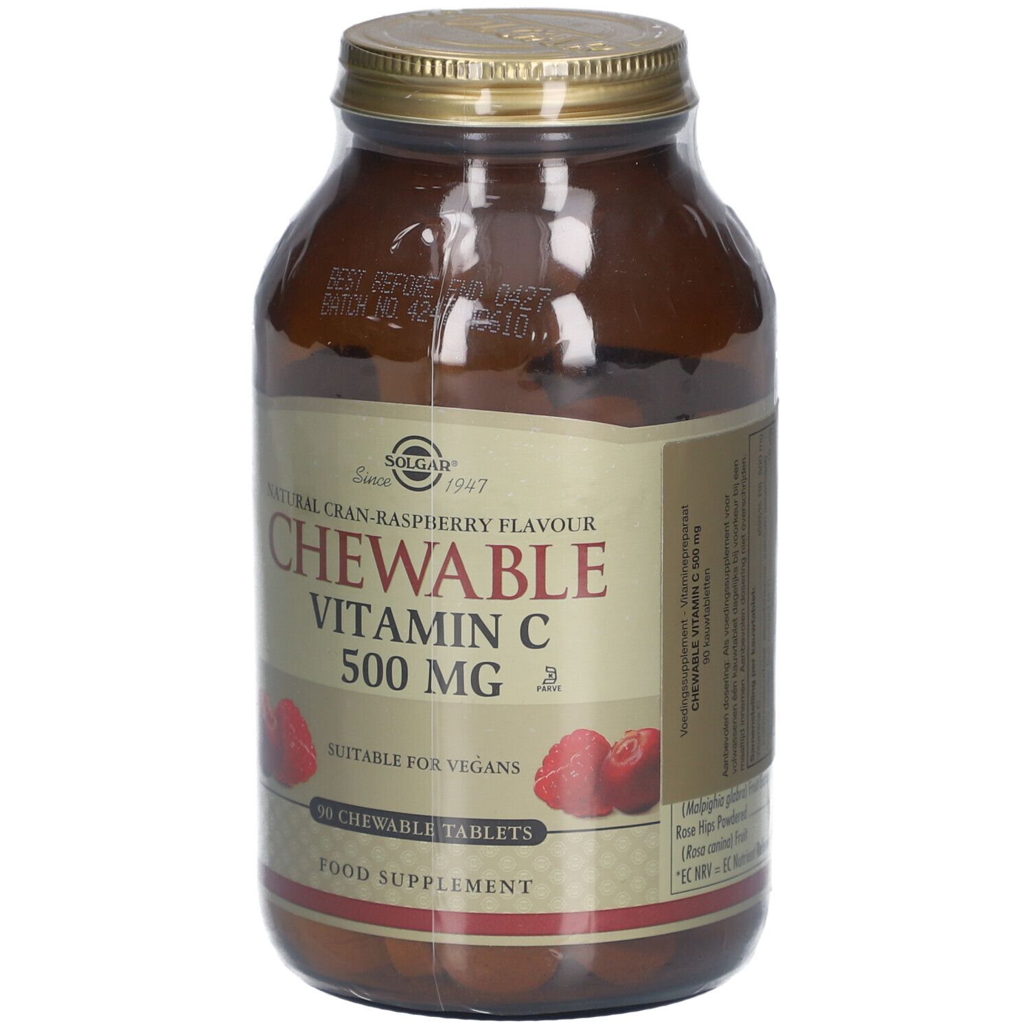 Braune Glasflasche mit goldfarbenem Deckel. Etikett mit Produktinformationen: Chewable Vitamin C 500 mg, 90 Tabletten.