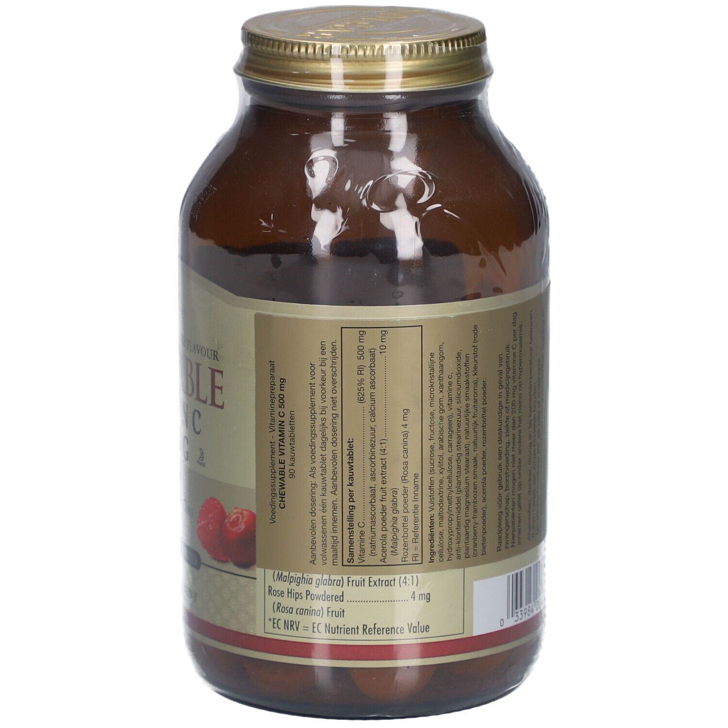 Rückseite der braunen Glasflasche. Etikett mit Inhaltsstoffen und Nährwertangaben. EC NRV.