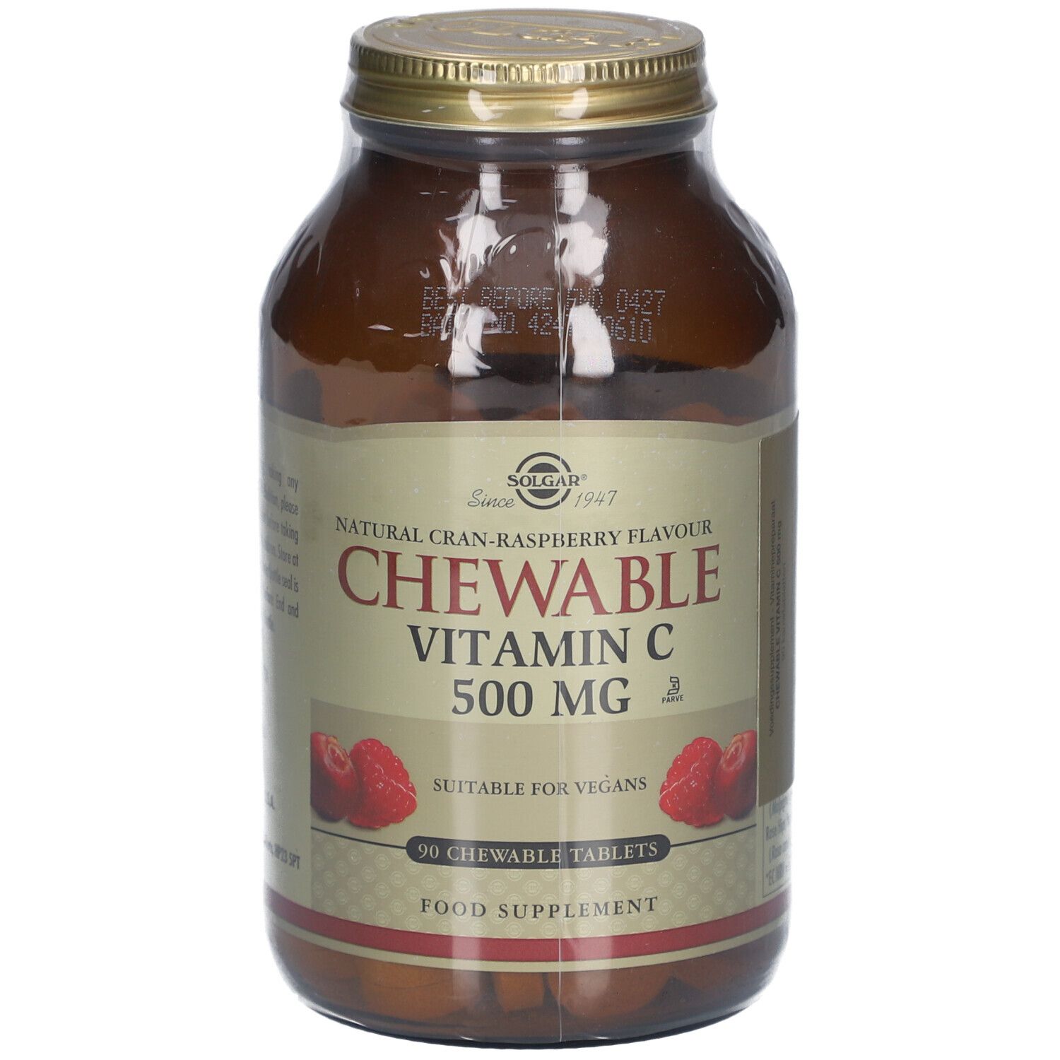 Braune Glasflasche mit goldfarbenem Deckel. Etikett mit Produktinformationen: Chewable Vitamin C 500 mg, 90 Tabletten.