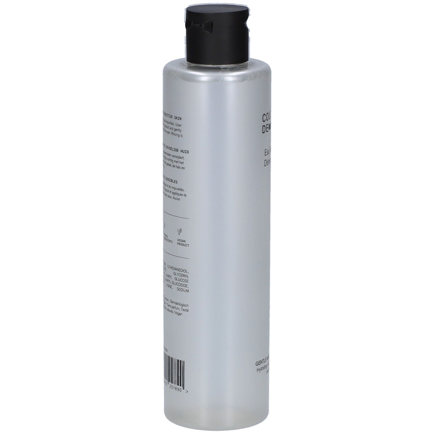Rückseite einer zylindrischen Flasche. Text: Inhaltsstoffe, Herstellerinformationen, Barcode. Schwarzer Deckel. Silberne Flasche.