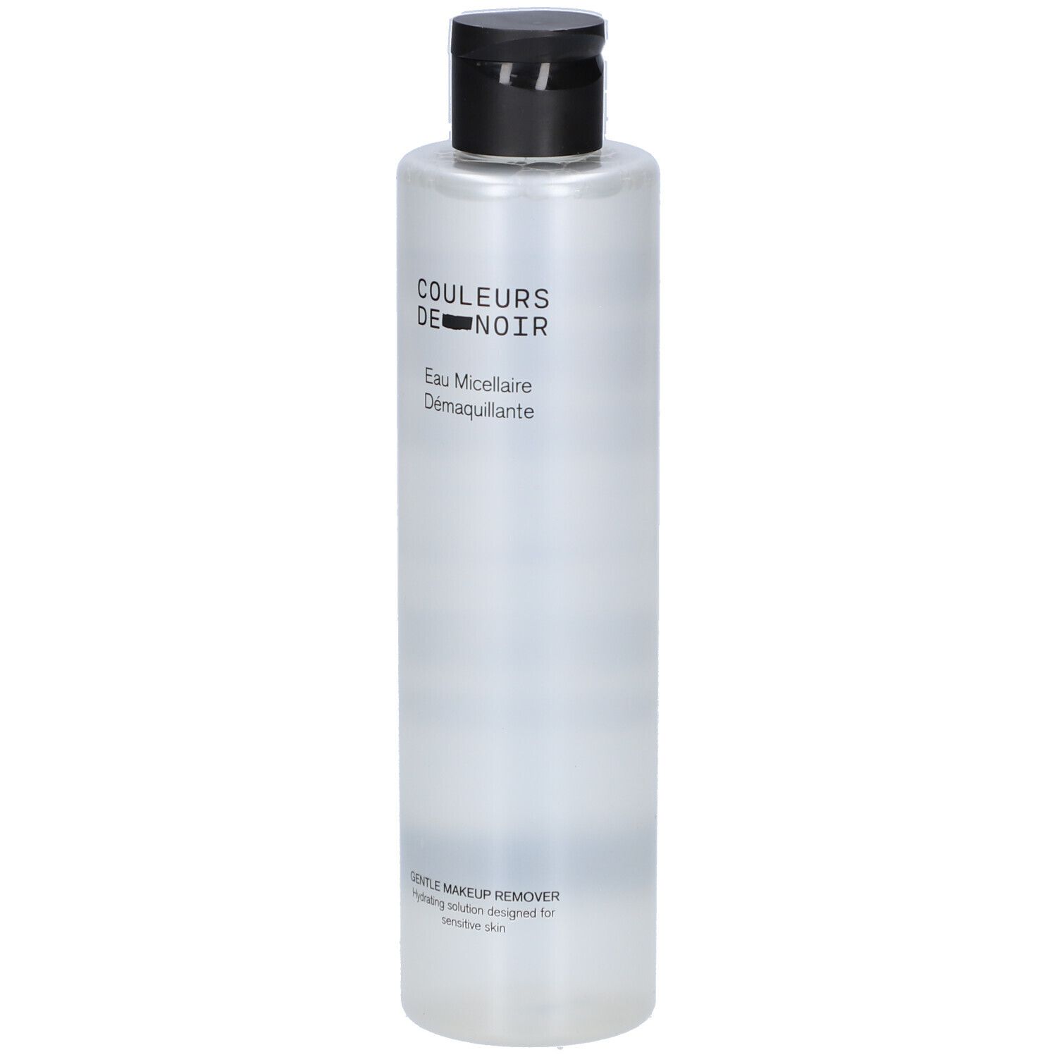 Zylindrische Flasche mit schwarzem Deckel. Aufschrift: Couleurs de Noir, Eau Micellaire Démaquillante. Sanfte Make-up-Entferner.