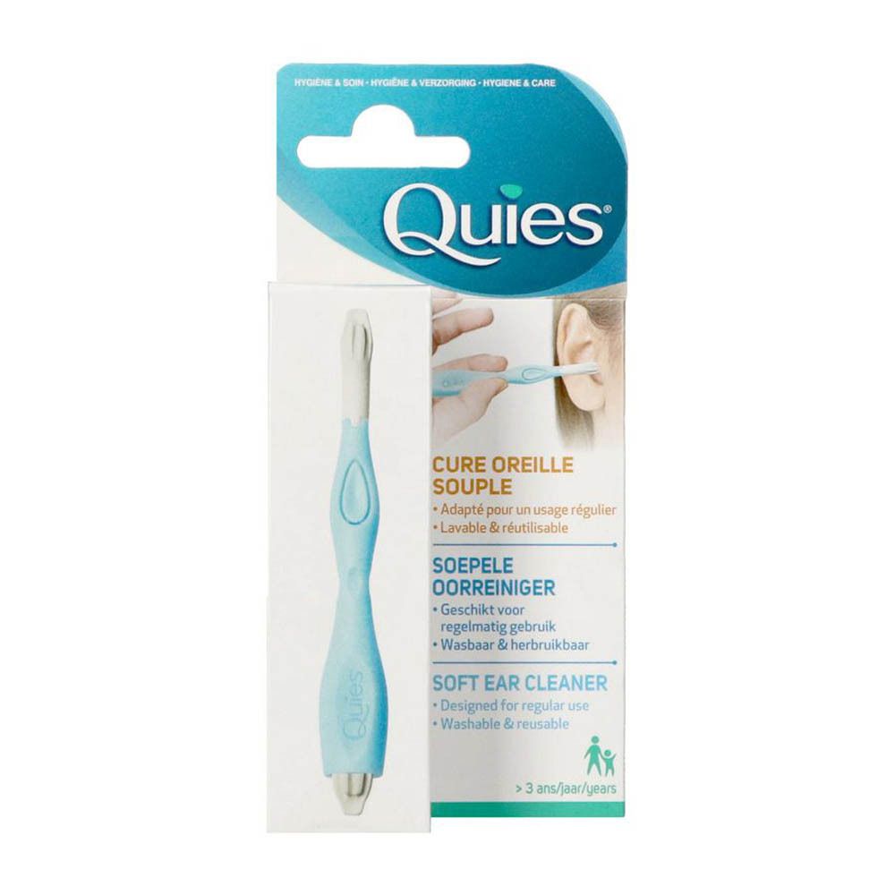 Nettoyeur d'oreilles souple Quies. Emballage avec logo et nom de la marque. Couleur bleue. Illustration d'utilisation et informations.