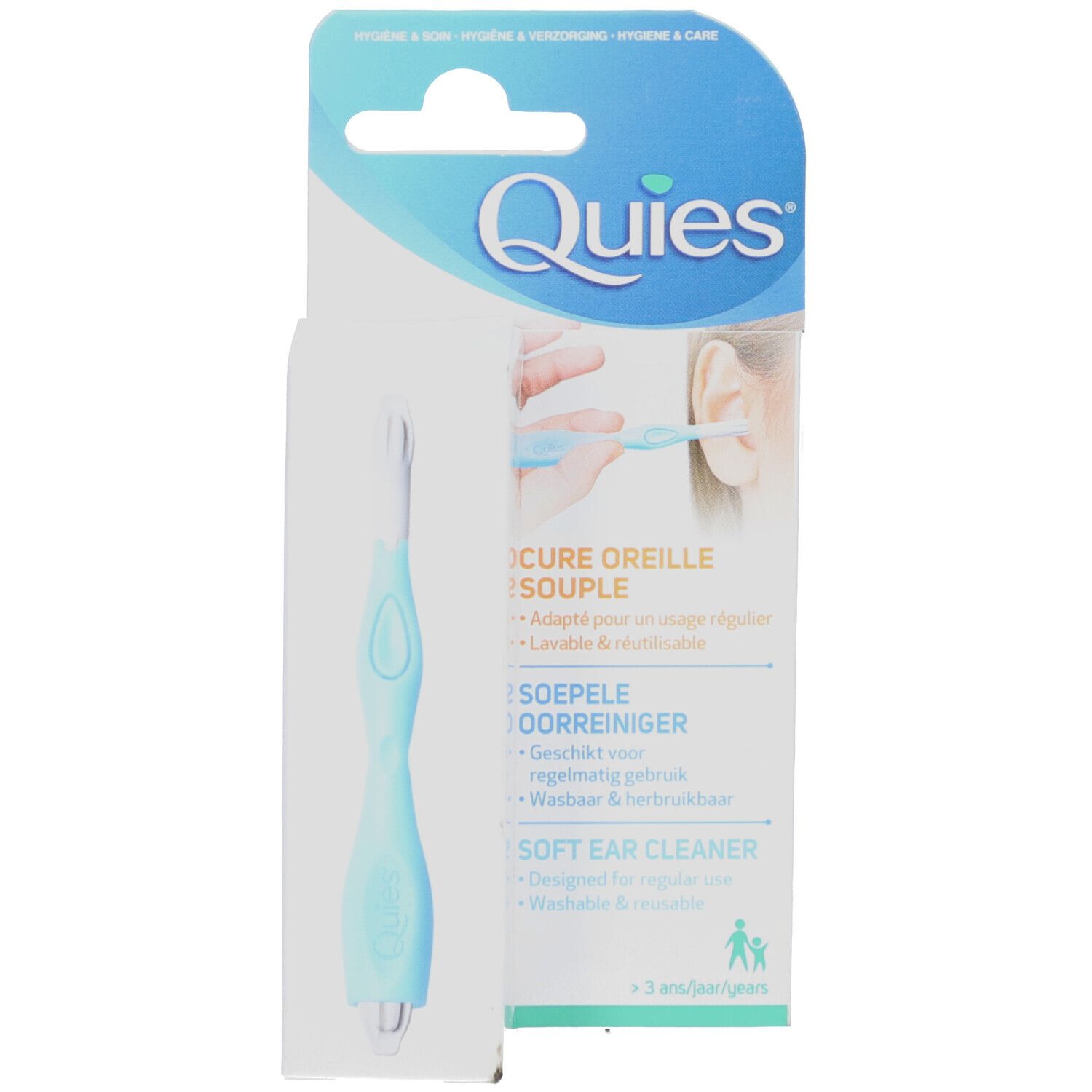Weiche Ohrreiniger in Verpackung. Produktname und Logo 'Quies' sichtbar. Blaue Farbe. Verpackung mit Produktabbildung und Anwendungshinweis.