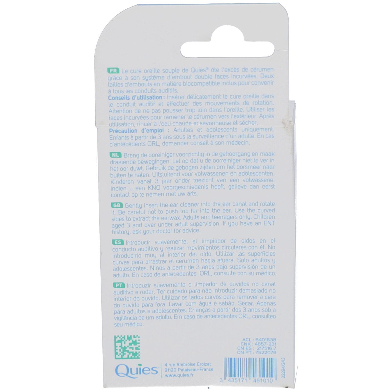 Rückseite der Verpackung mit Produktinformationen in mehreren Sprachen. Logo 'Quies' unten links.