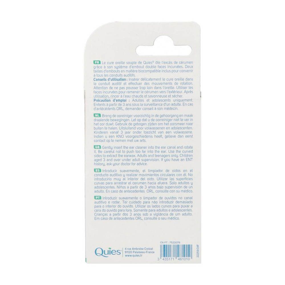 Dos de l'emballage avec informations produit multilingues. Logo 'Quies' en bas à gauche.