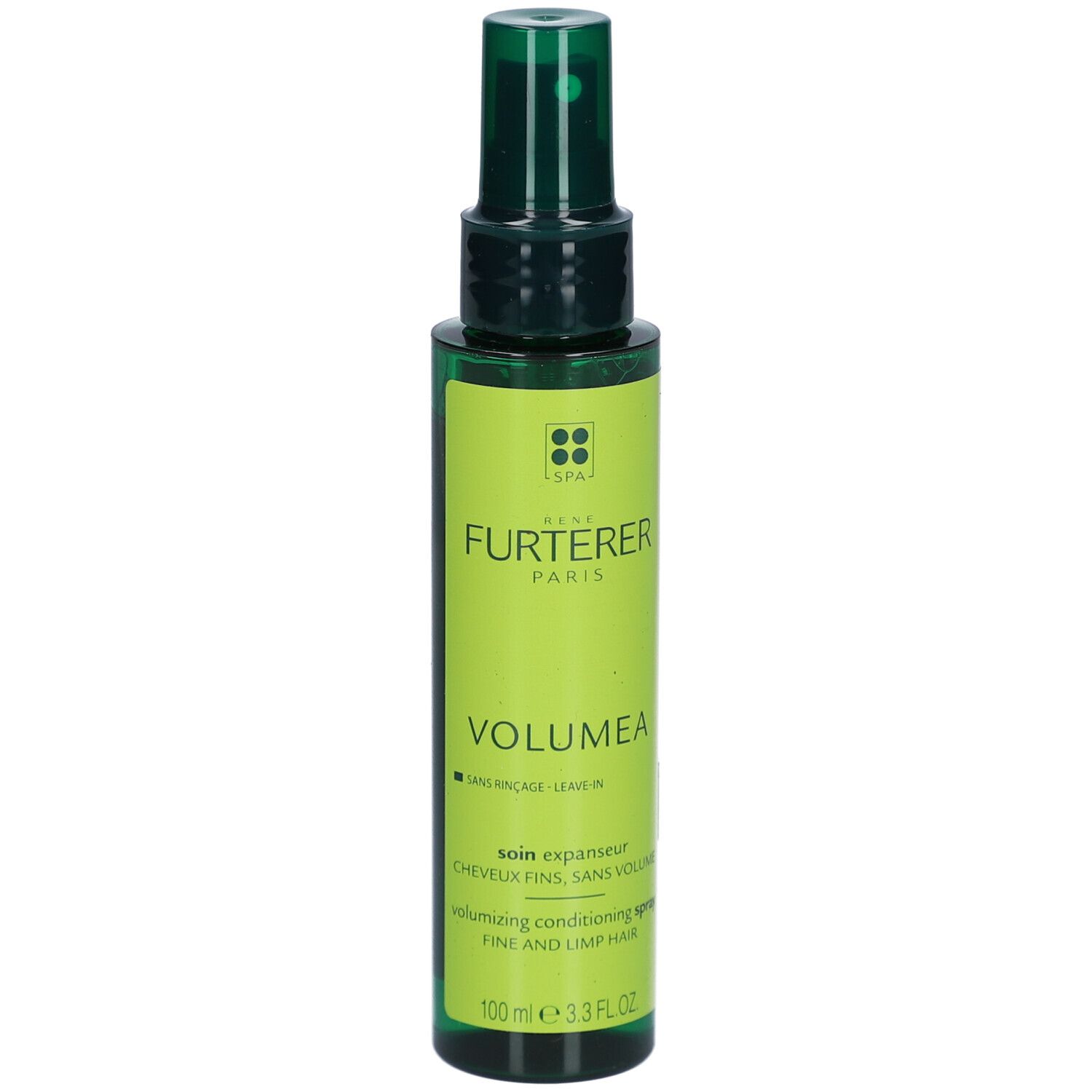 Grüne Sprühflasche mit Produktetikett. Aufschrift: René Furterer, Volumea. Text in Französisch und Englisch. 100 ml.
