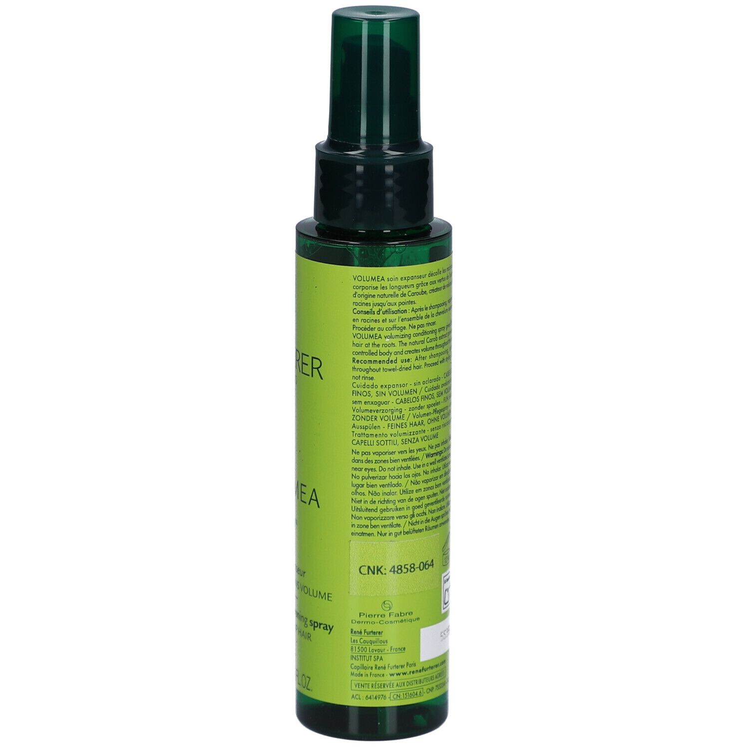 Grüne Sprühflasche mit Produktetikett. Rückseite mit Text. Aufschrift: René Furterer. QR-Code und Symbole.