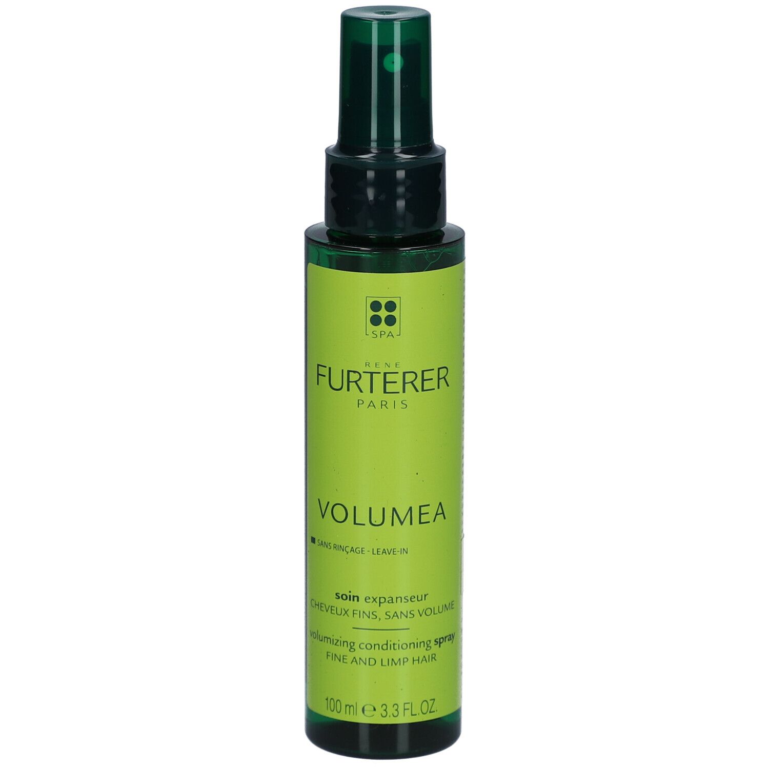 Grüne Sprühflasche mit Produktetikett. Aufschrift: René Furterer, Volumea. Text in Französisch und Englisch. 100 ml.