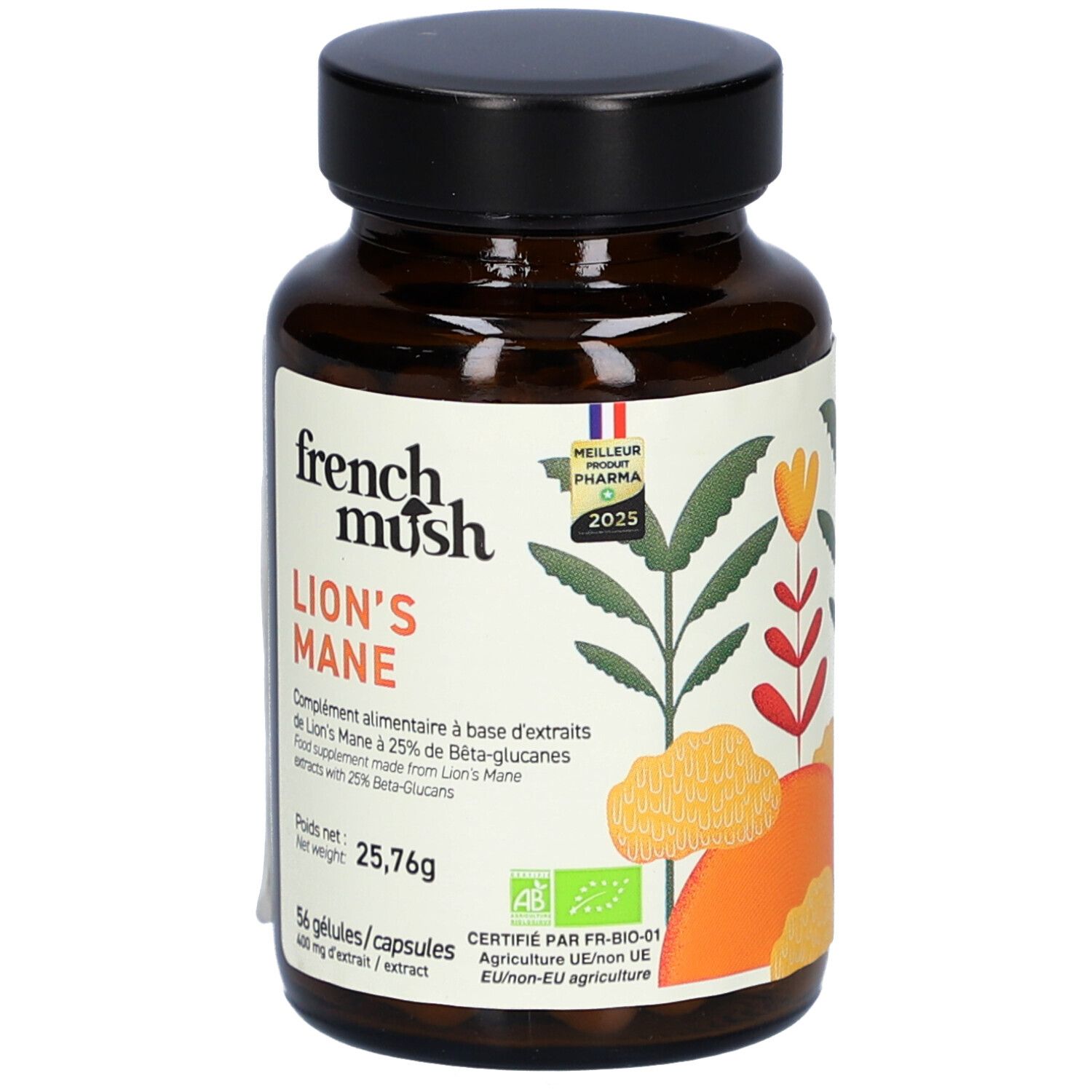 Braune Glasflasche mit Kapseln. Etikett mit "French Mush Lion's Mane". Bio-Zertifizierung. 56 Kapseln.