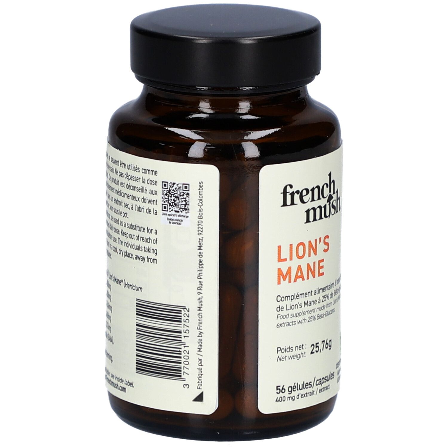 Braune Glasflasche mit Kapseln. Etikett mit "French Mush Lion's Mane". QR-Code und Barcode. 56 Kapseln.