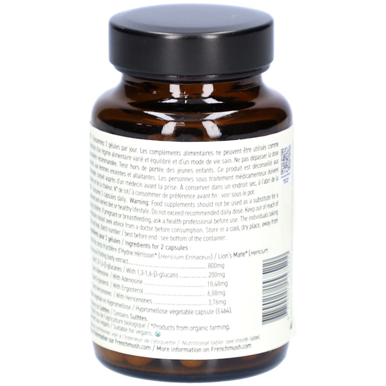 Braune Glasflasche mit Kapseln. Rückseite mit Text. Zutatenliste und Verzehrempfehlung. 56 Kapseln.