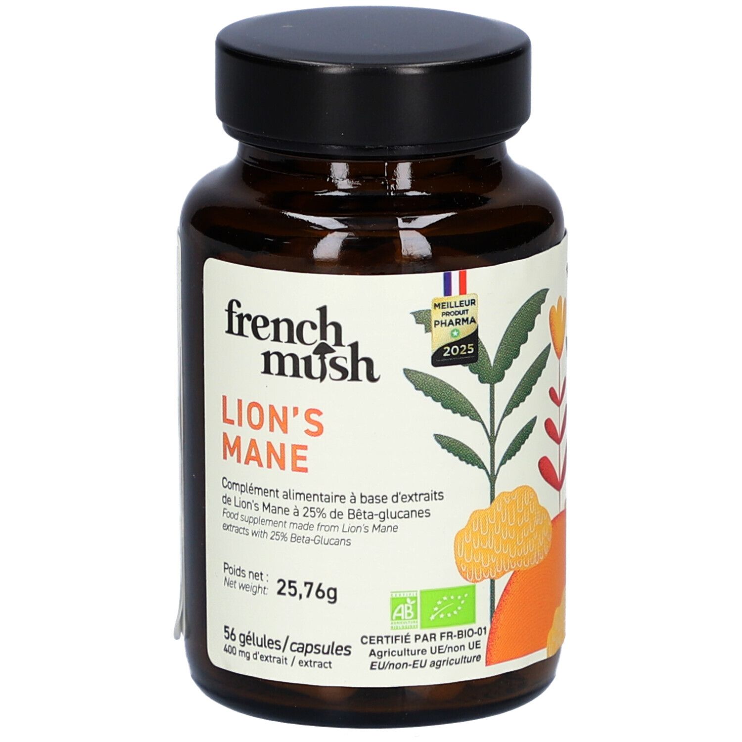 Braune Glasflasche mit Kapseln. Etikett "French Mush Lion's Mane". Bio-Zertifizierung. 56 Kapseln.