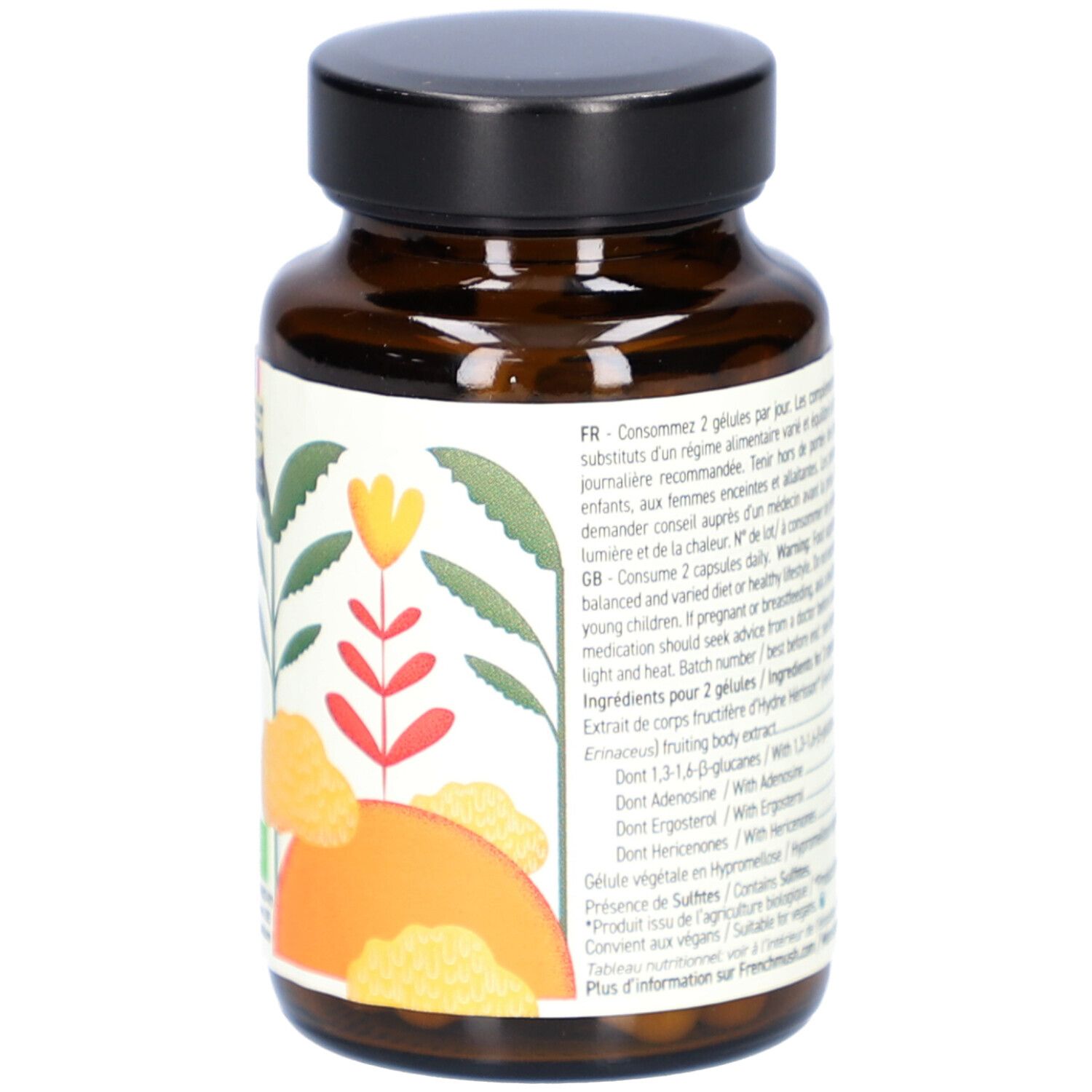 Braune Glasflasche mit Kapseln. Rückseite mit Text. Zutatenliste und Verzehrempfehlung. 56 Kapseln.