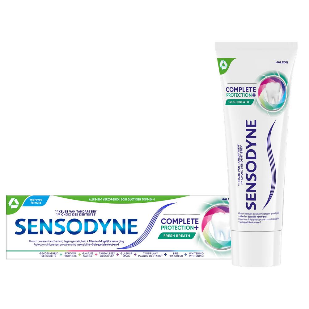Dentifrice et emballage. Sensodyne Complete Protection+ Fresh Breath. Blanc, bleu, vert. Texte: Tout-en-1, protection, haleine fraîche.