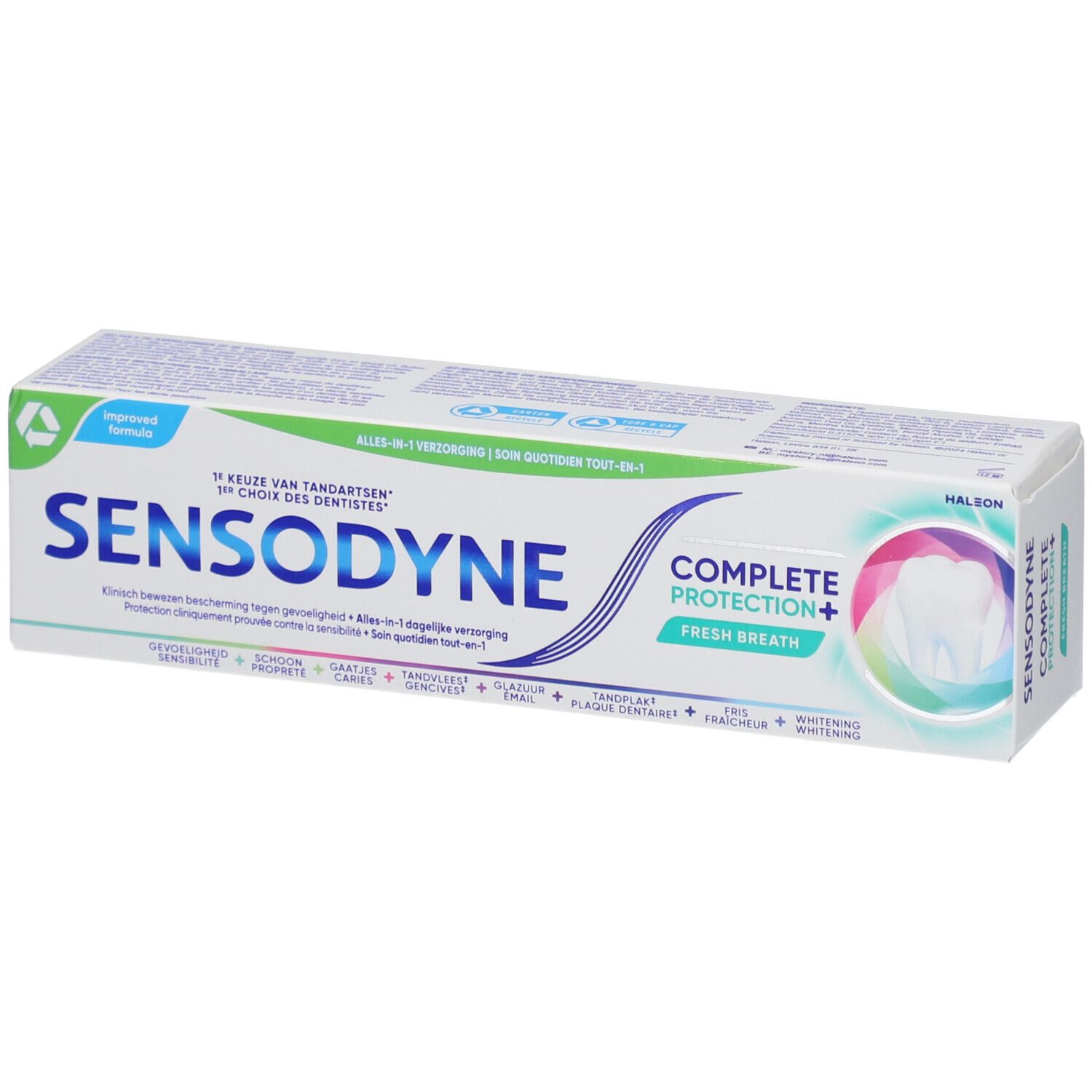 Zahnpasta-Verpackung. Sensodyne Complete Protection+ Frischer Atem. Weiß, blau, grün. Text: Alles-in-1, Schutz, Frischer Atem.