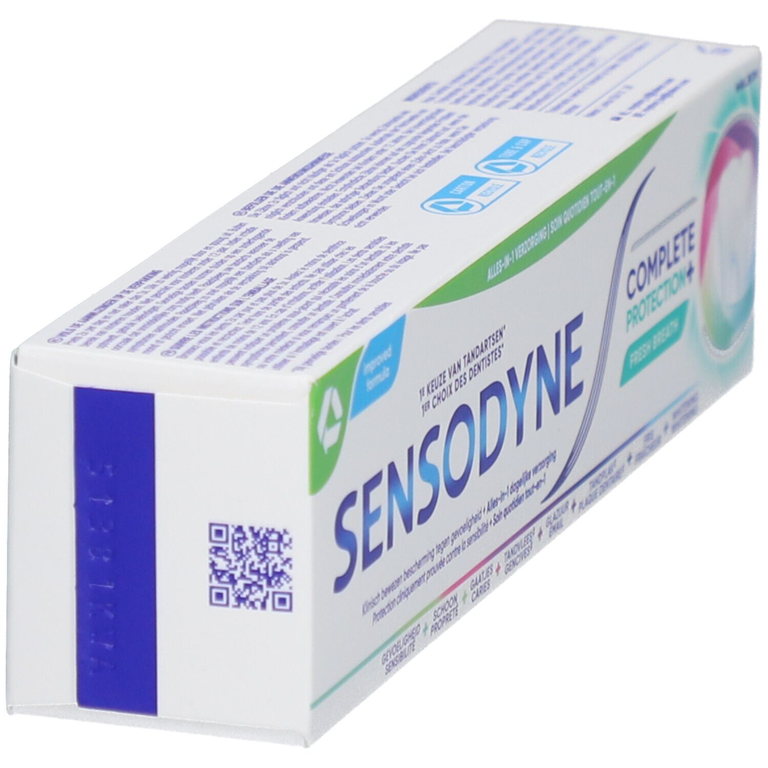 Zahnpasta-Verpackung. Sensodyne Complete Protection+. Weiß, blau, grün. QR-Code und Recycling-Symbol.