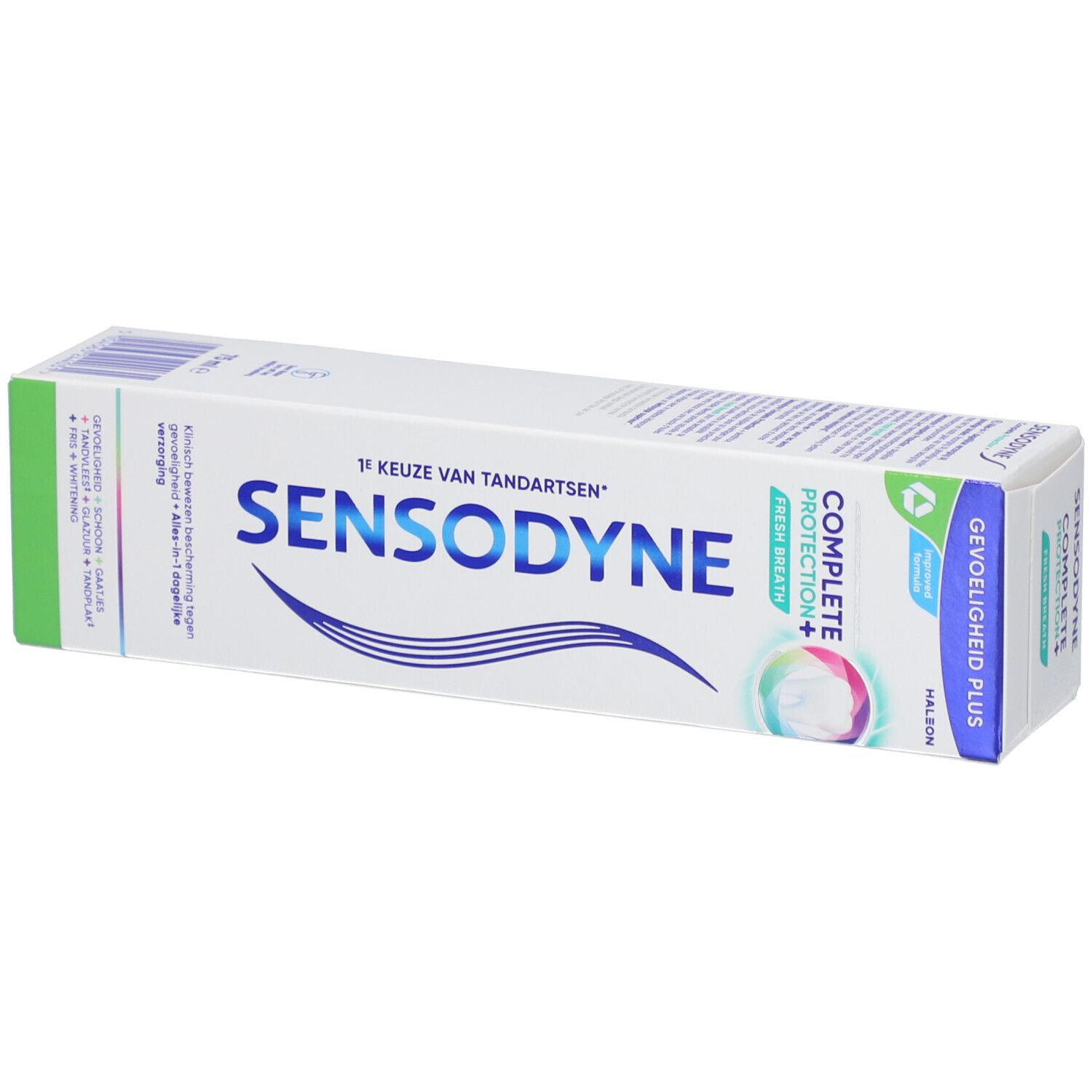 Zahnpasta-Verpackung. Sensodyne Complete Protection+ Frischer Atem. Weiß, blau, grün. Text: Empfindlichkeit, Frischer Atem.