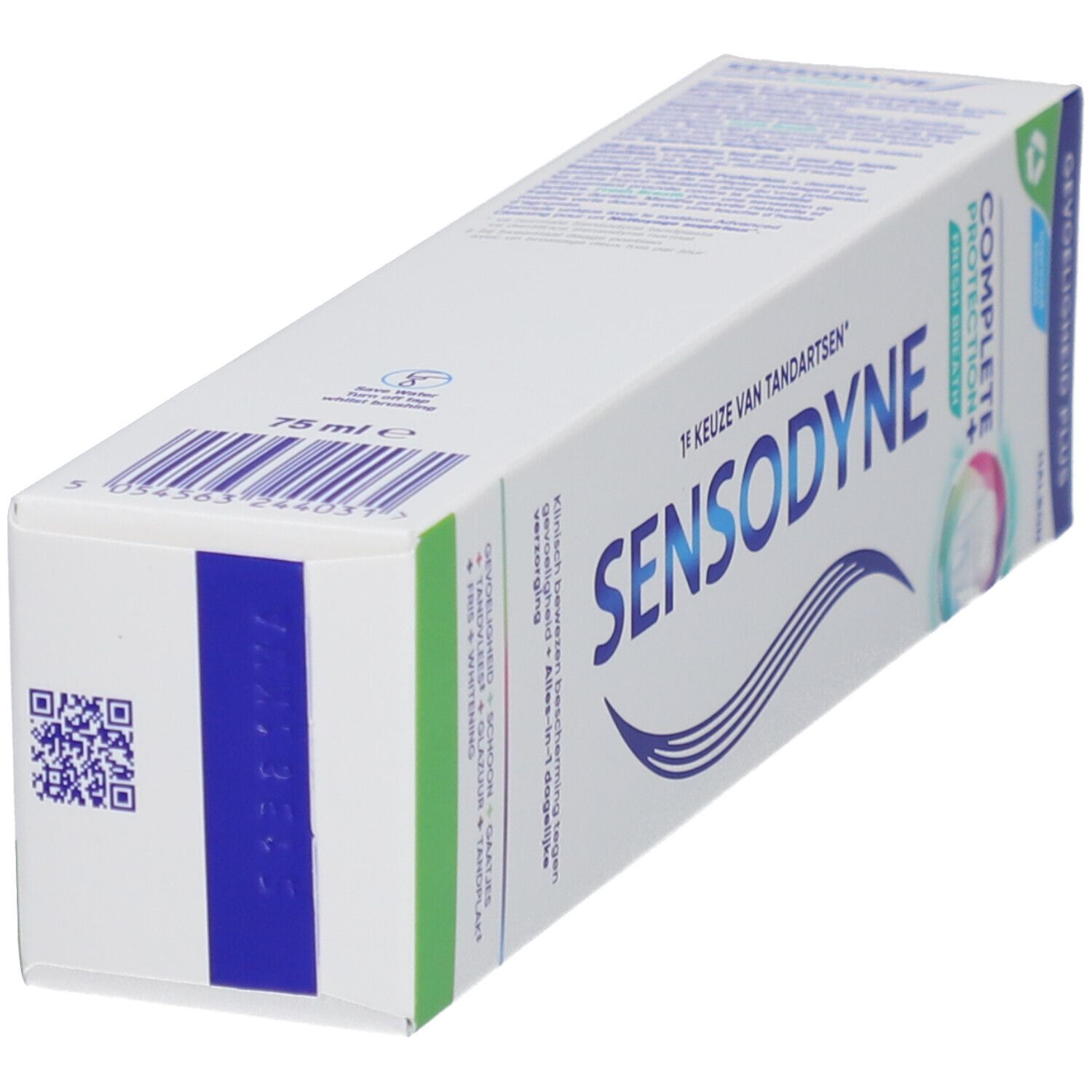 Zahnpasta-Verpackung. Sensodyne Complete Protection+. Weiß, blau, grün. Text: 75 ml, QR-Code.