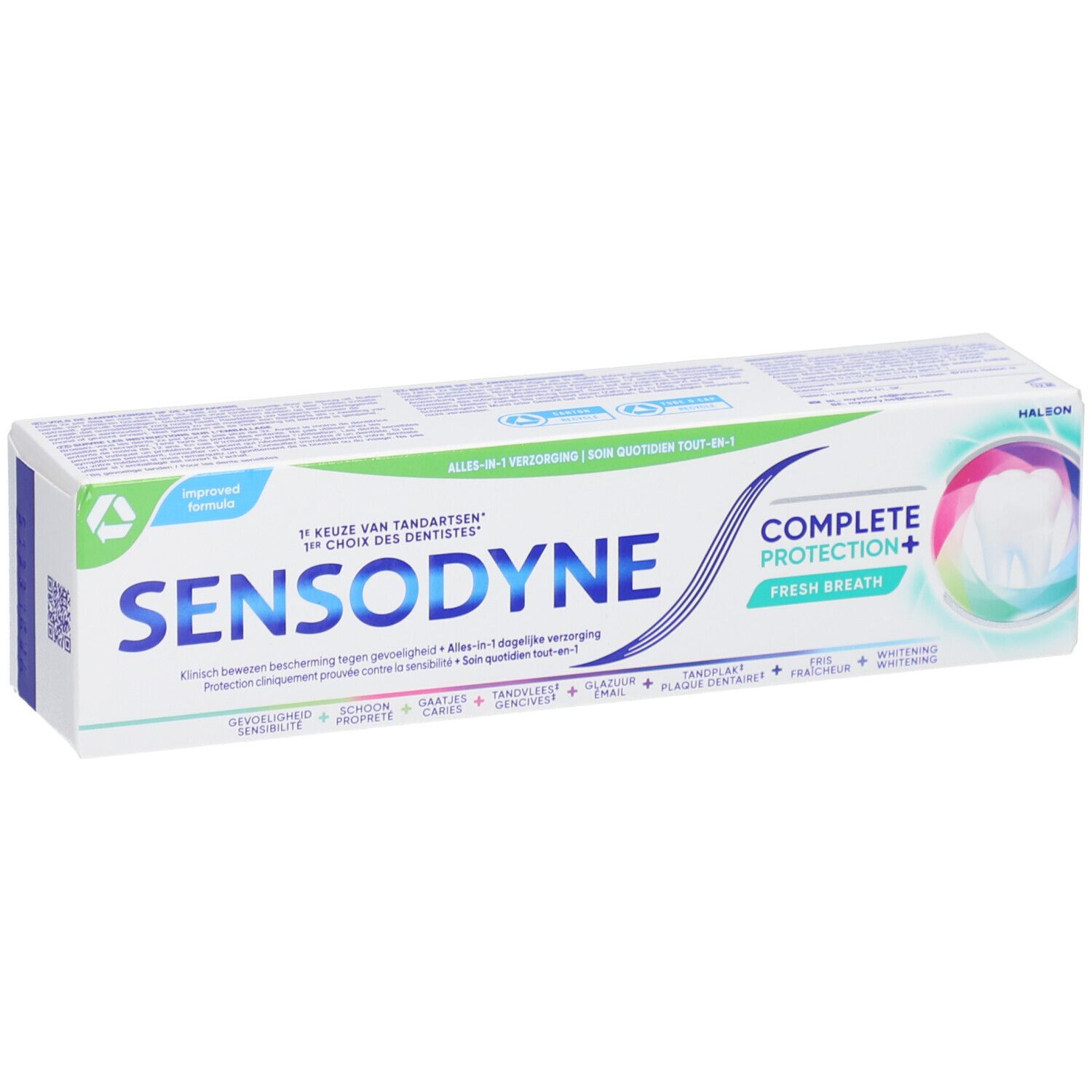 Zahnpasta-Verpackung. Sensodyne Complete Protection+ Frischer Atem. Weiß, blau, grün. Text: Alles-in-1, Schutz, Frischer Atem.