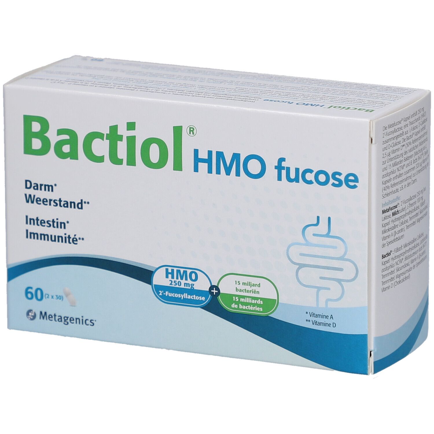 Weißer Karton mit Bactiol® HMO fucose. Enthält 60 Kapseln. Darm, Weerstand, Intestin, Immunité. Metagenics Logo.