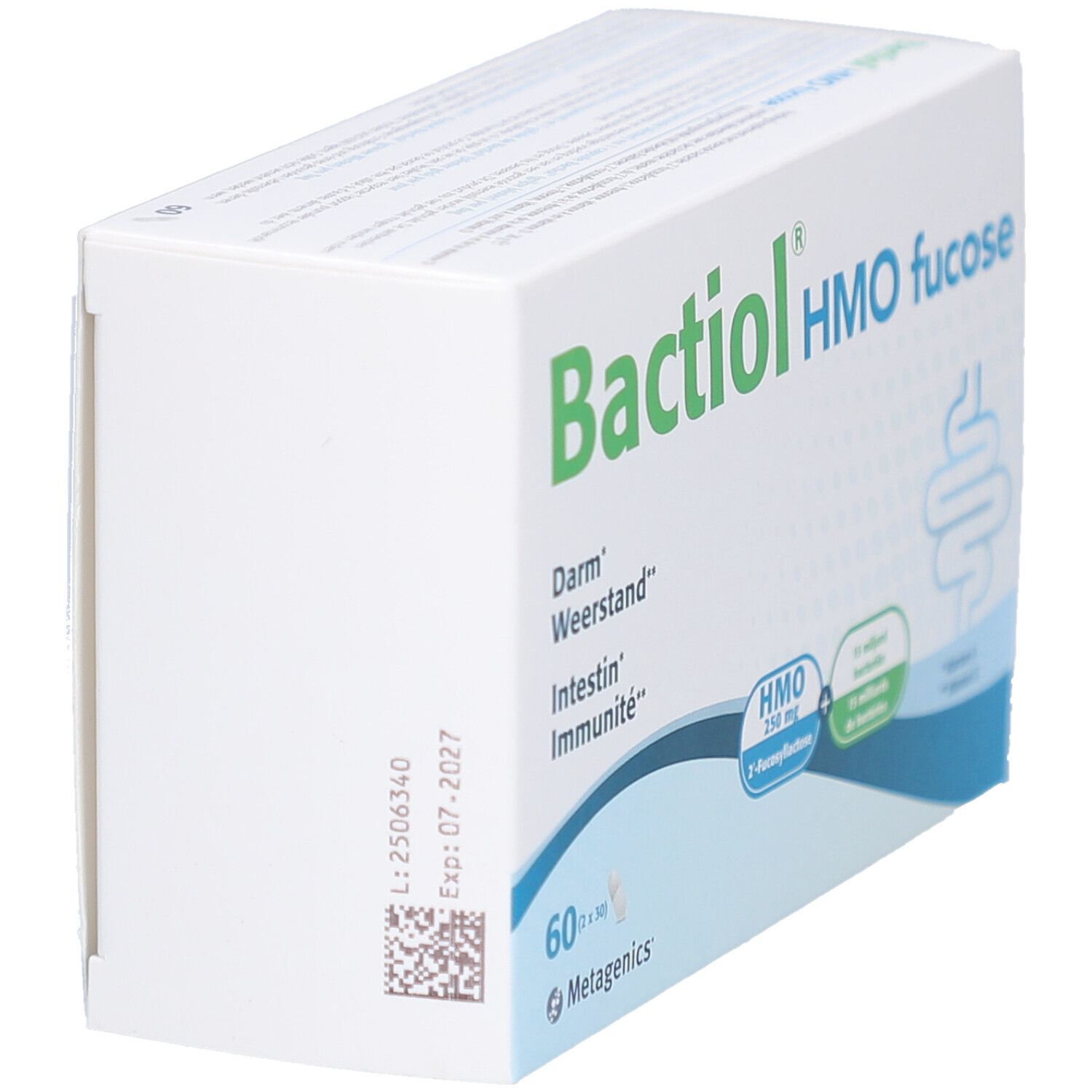 Weißer Karton Bactiol® HMO fucose. Aufdruck: Darm, Weerstand, Intestin, Immunité. 60 Kapseln. Metagenics Logo. Exp. 07-2027.