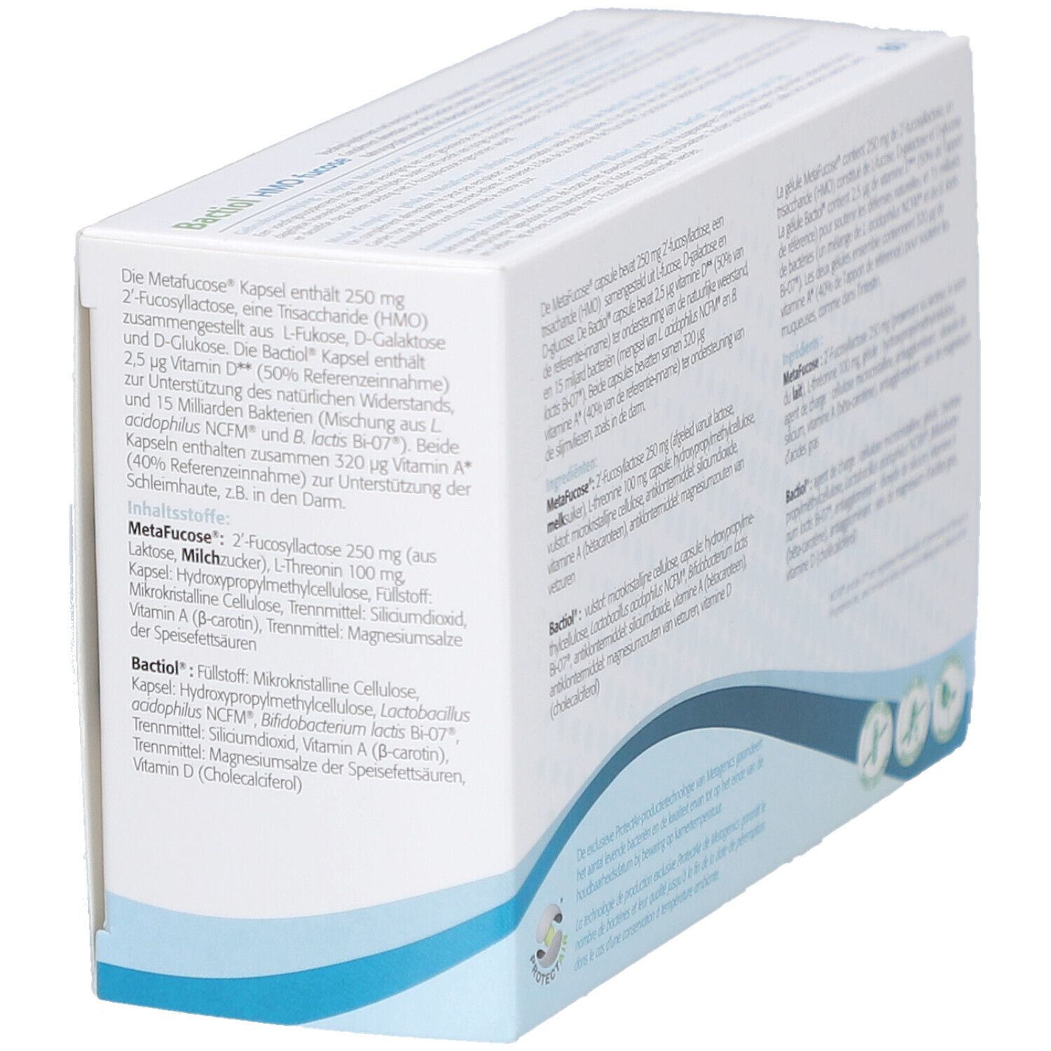 Rückseite der Bactiol® HMO fucose Verpackung. Text in Deutsch, Französisch und Niederländisch. Enthält Informationen zu Inhaltsstoffen.