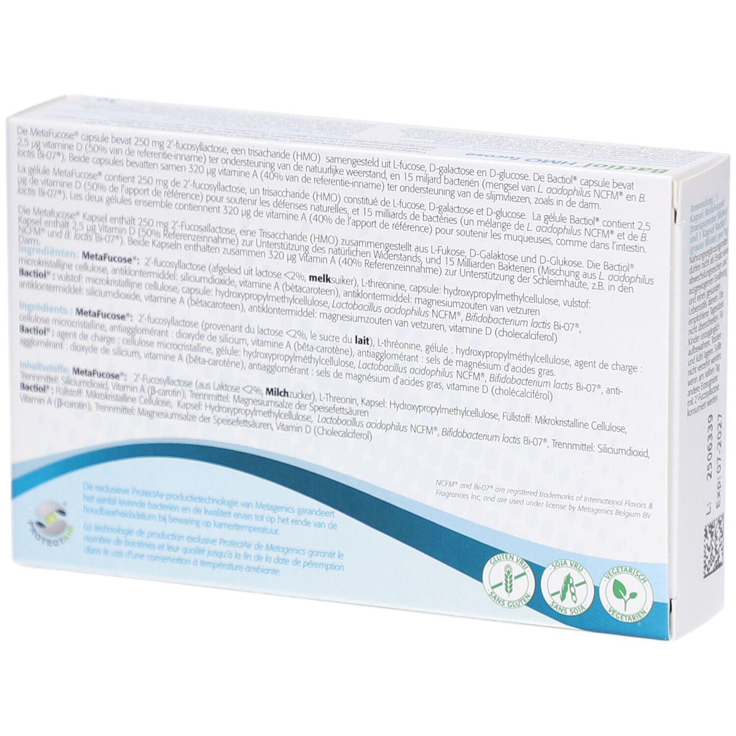 Dos de l'emballage Bactiol HMO fucose. Texte multilingue. Contient des informations sur les ingrédients et le fabricant.