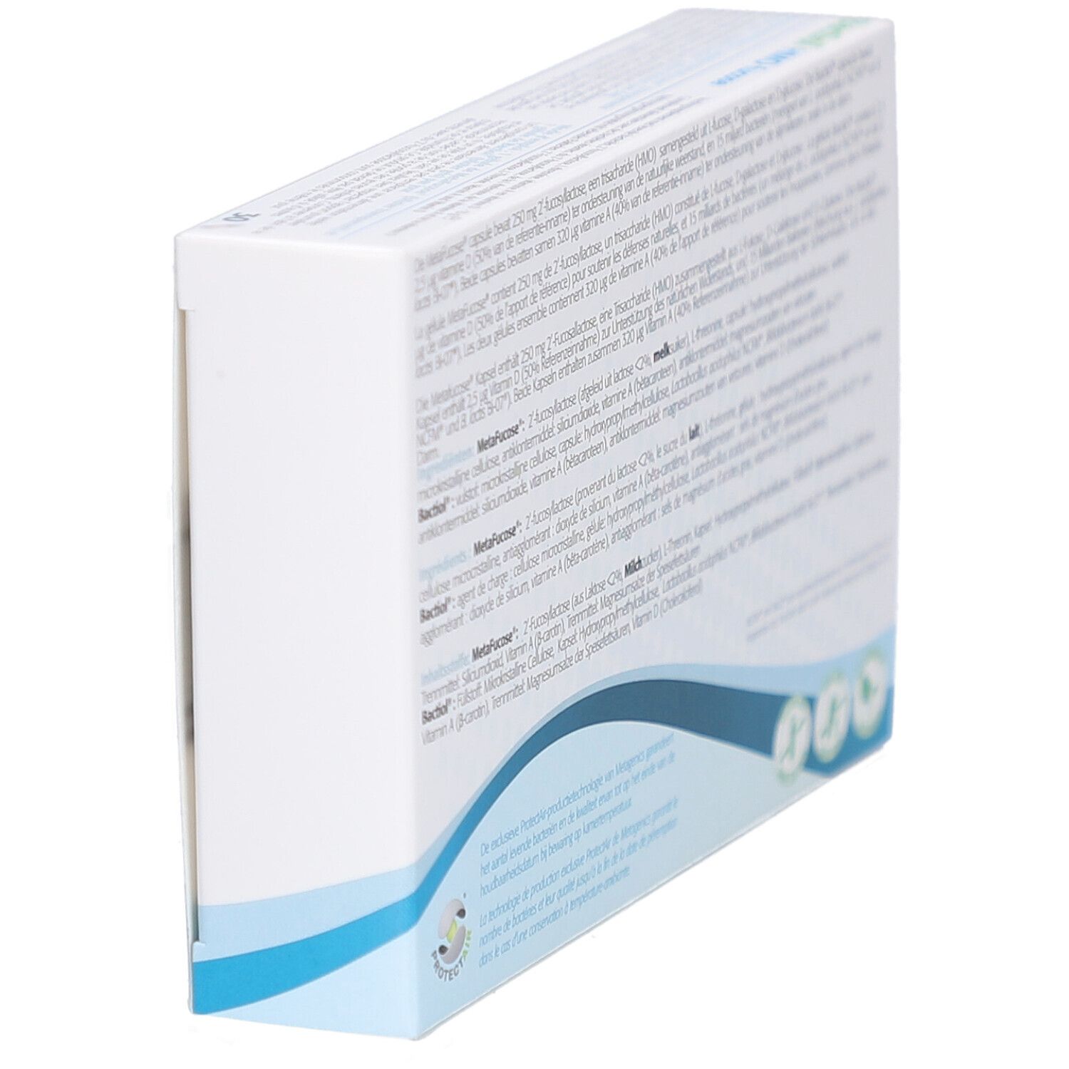 Vue latérale de l'emballage Bactiol HMO fucose. Texte multilingue. Contient des informations sur les ingrédients et le fabricant.