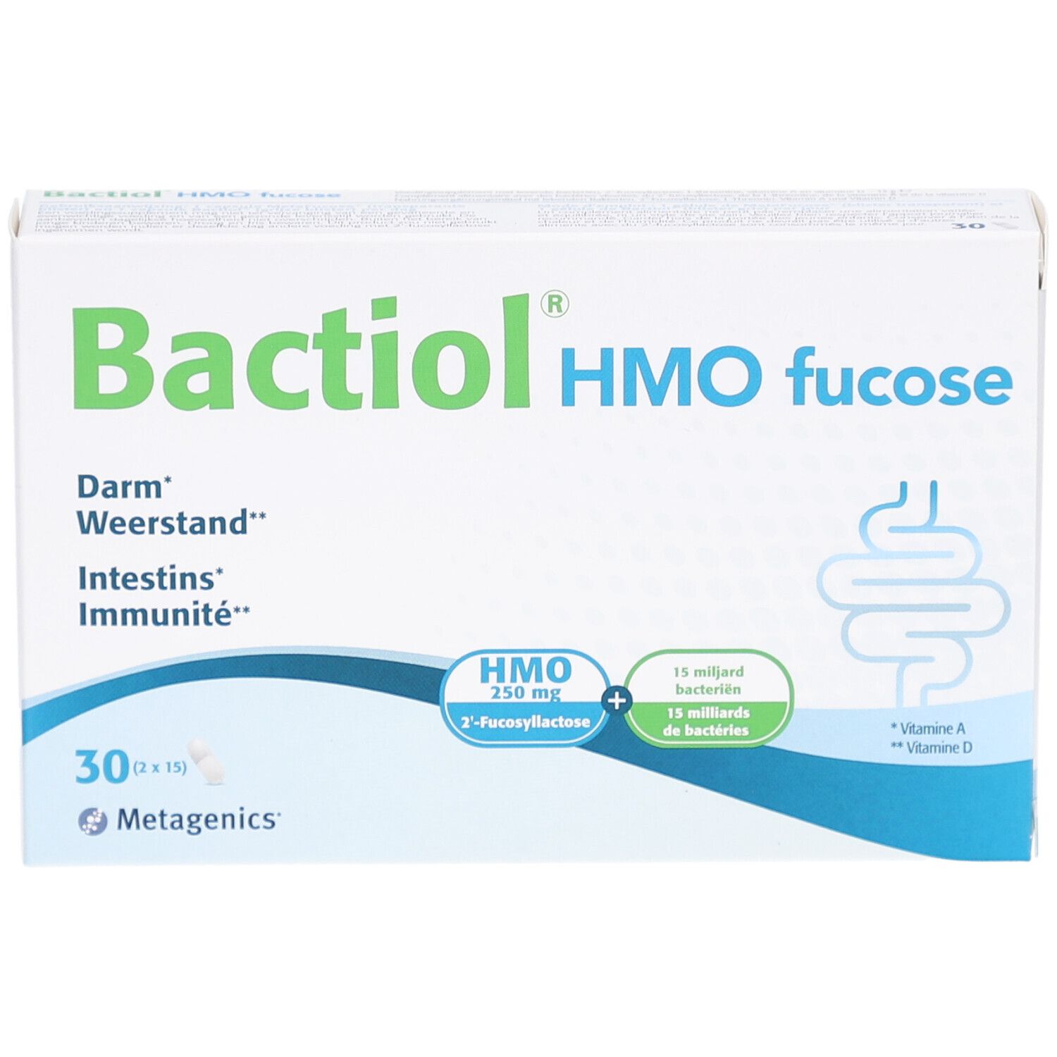 Boîte blanche Bactiol HMO fucose. Inscription: Darm, Weerstand, Intestins, Immunität. 30 gélules. Logo Metagenics.