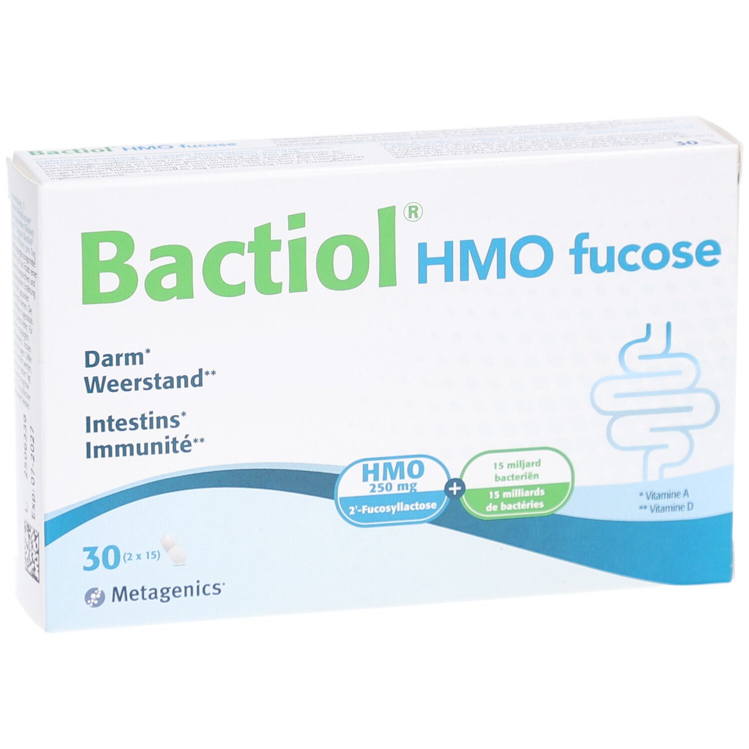 Boîte blanche Bactiol HMO fucose. Inscription: Darm, Weerstand, Intestins, Immunität. 30 gélules. Logo Metagenics.