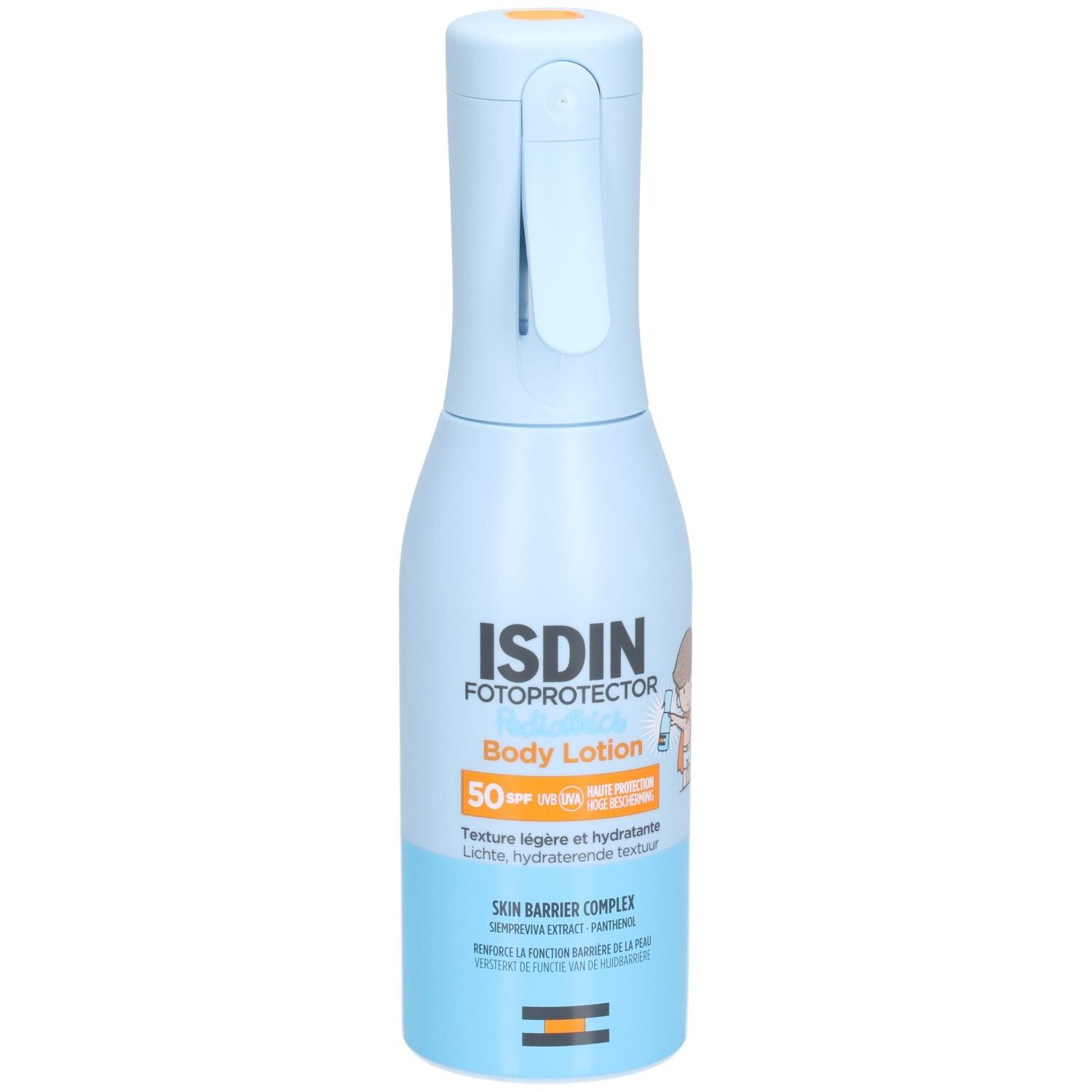 Hellblaue Flasche mit Sprühkopf. Aufschrift ISDIN FOTOPROTECTOR Body Lotion SPF50. Kind-Illustration.