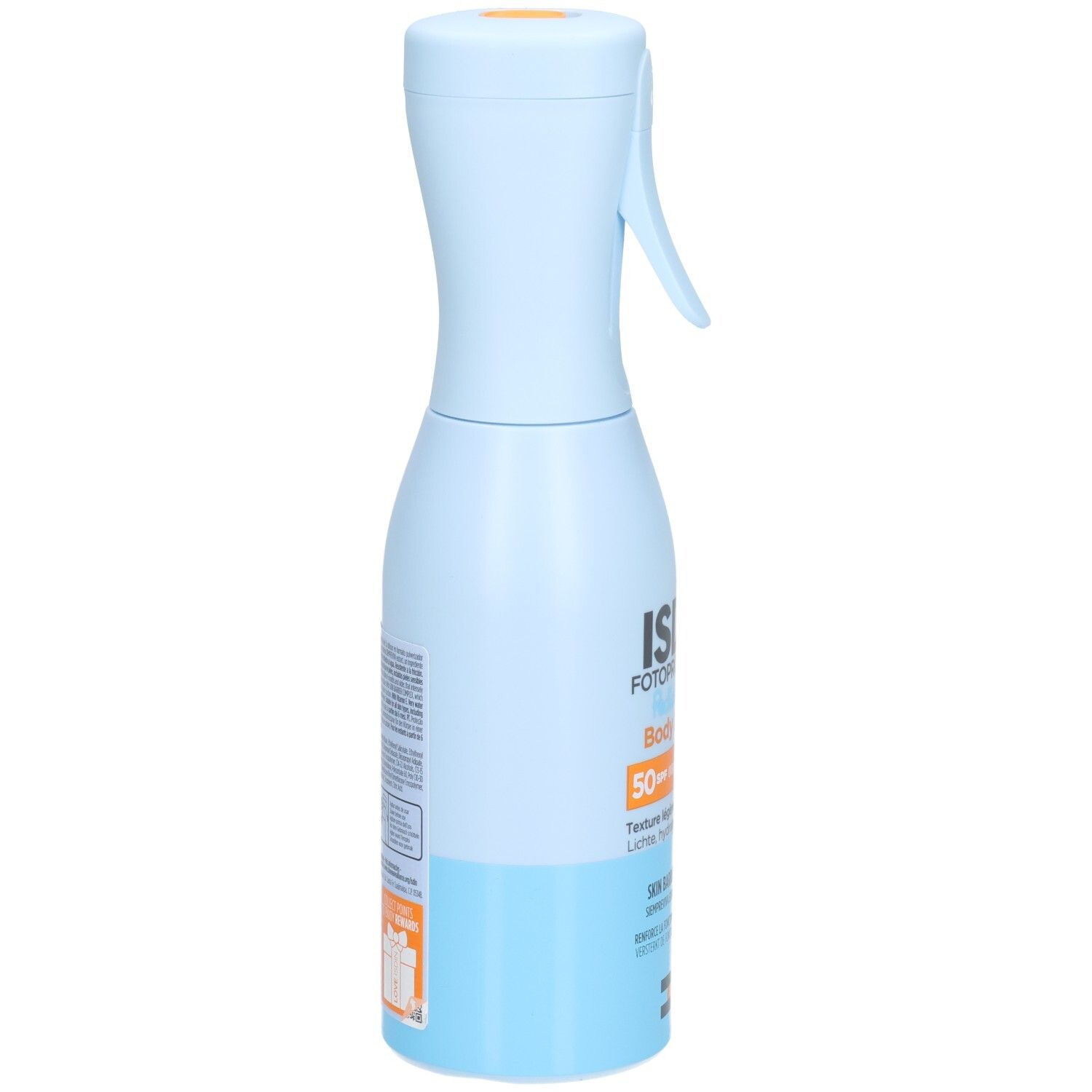 Rückseite der hellblauen Flasche mit Sprühkopf. Text und Logos. ISDIN FOTOPROTECTOR Body Lotion SPF50.