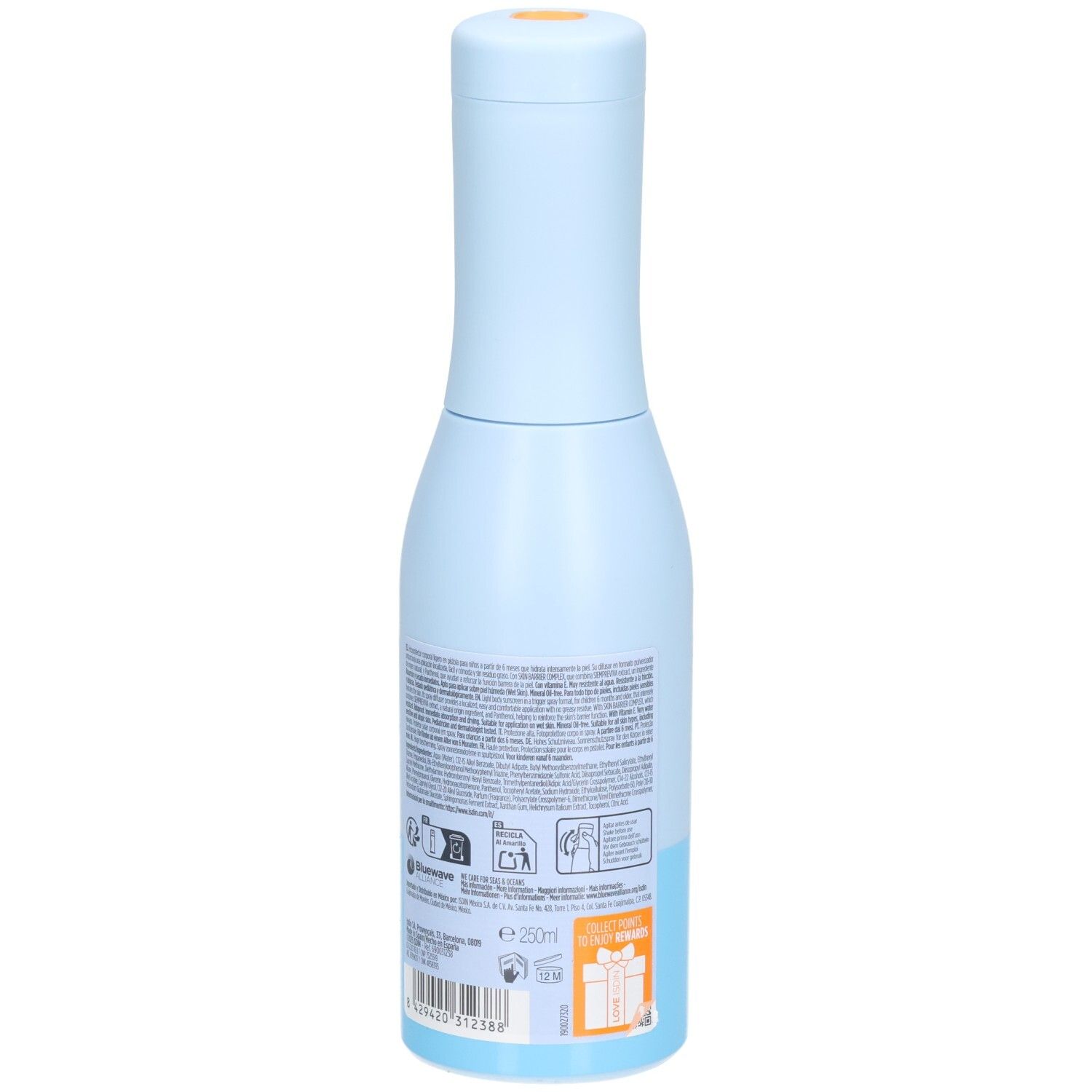 Rückseite der hellblauen Flasche. Text und Logos. ISDIN FOTOPROTECTOR Body Lotion SPF50. 250ml.