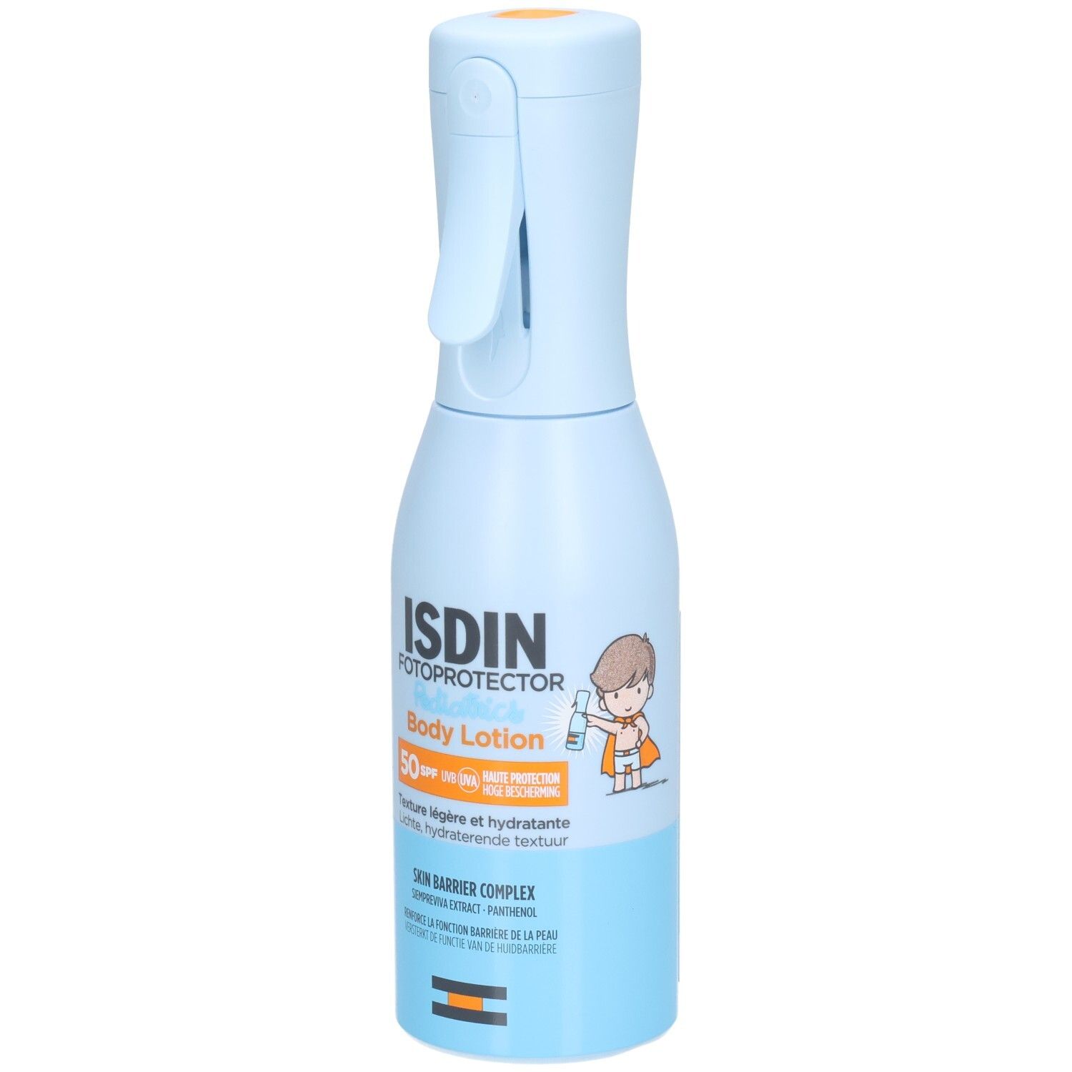 Hellblaue Flasche mit Sprühkopf. Aufschrift ISDIN FOTOPROTECTOR Body Lotion SPF50. Kind-Illustration.