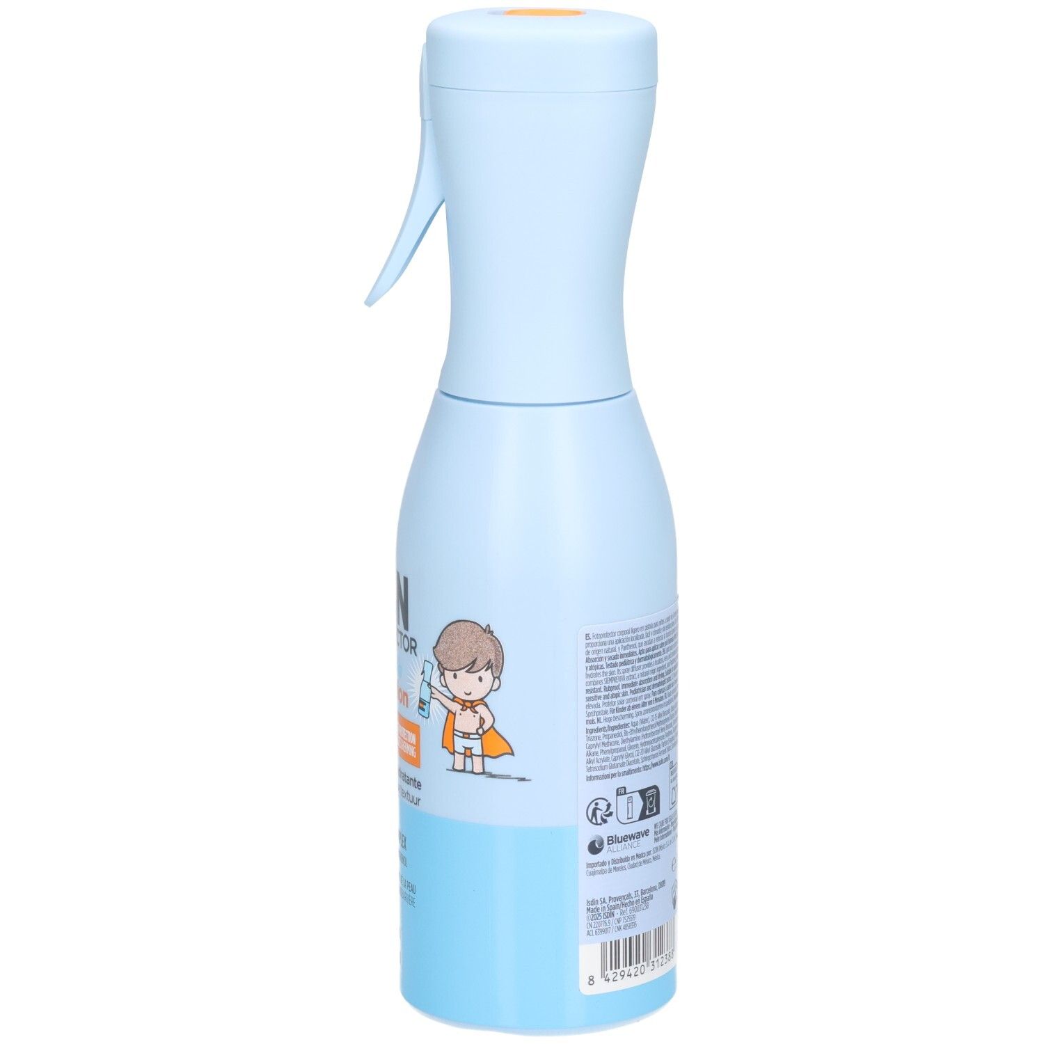 Rückseite der hellblauen Flasche mit Sprühkopf. Text und Logos. ISDIN FOTOPROTECTOR Body Lotion SPF50. Kind-Illustration.