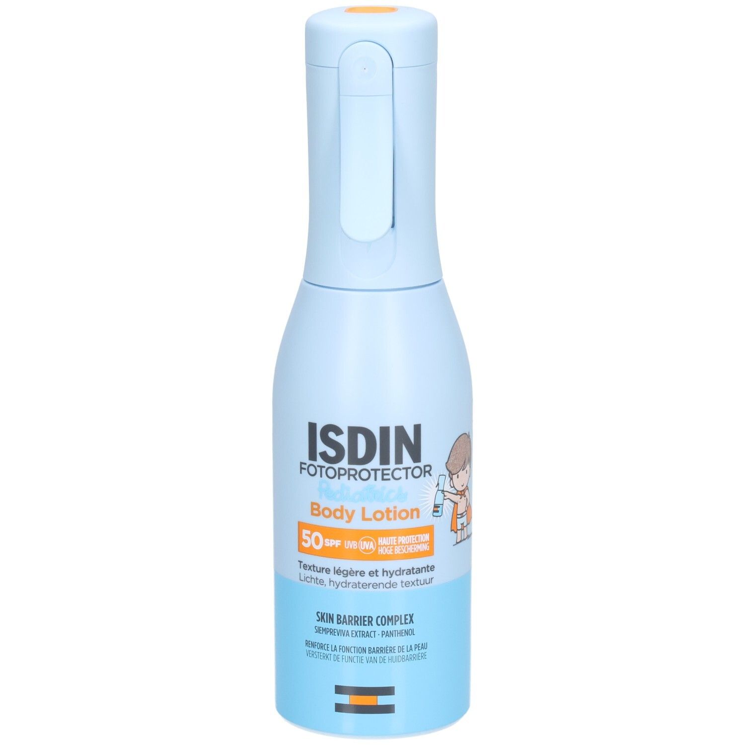 Hellblaue Flasche mit Sprühkopf. Aufschrift ISDIN FOTOPROTECTOR Body Lotion SPF50. Kind-Illustration.
