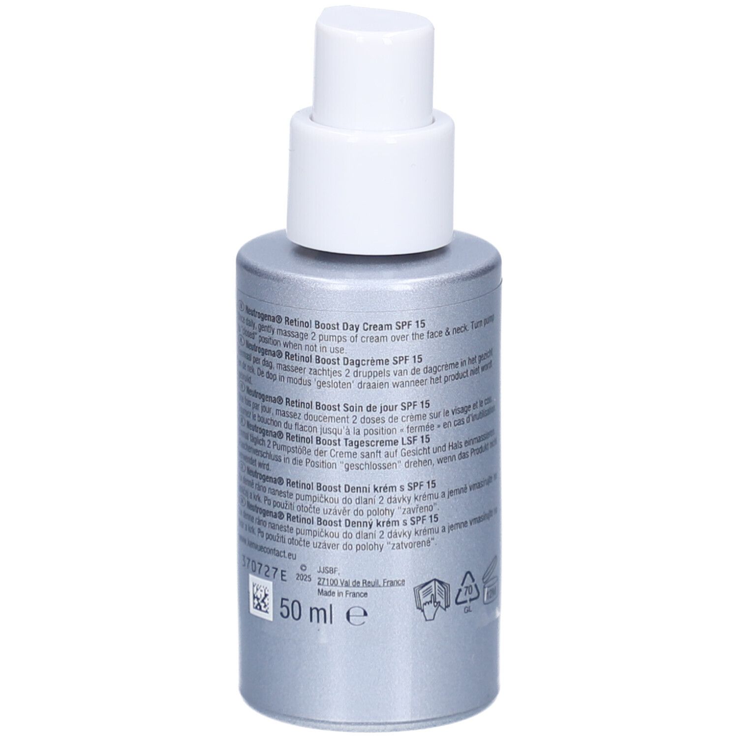 Graue Flasche mit weißem Pumpkopf. Rückseite mit Text, darunter 50 ml.